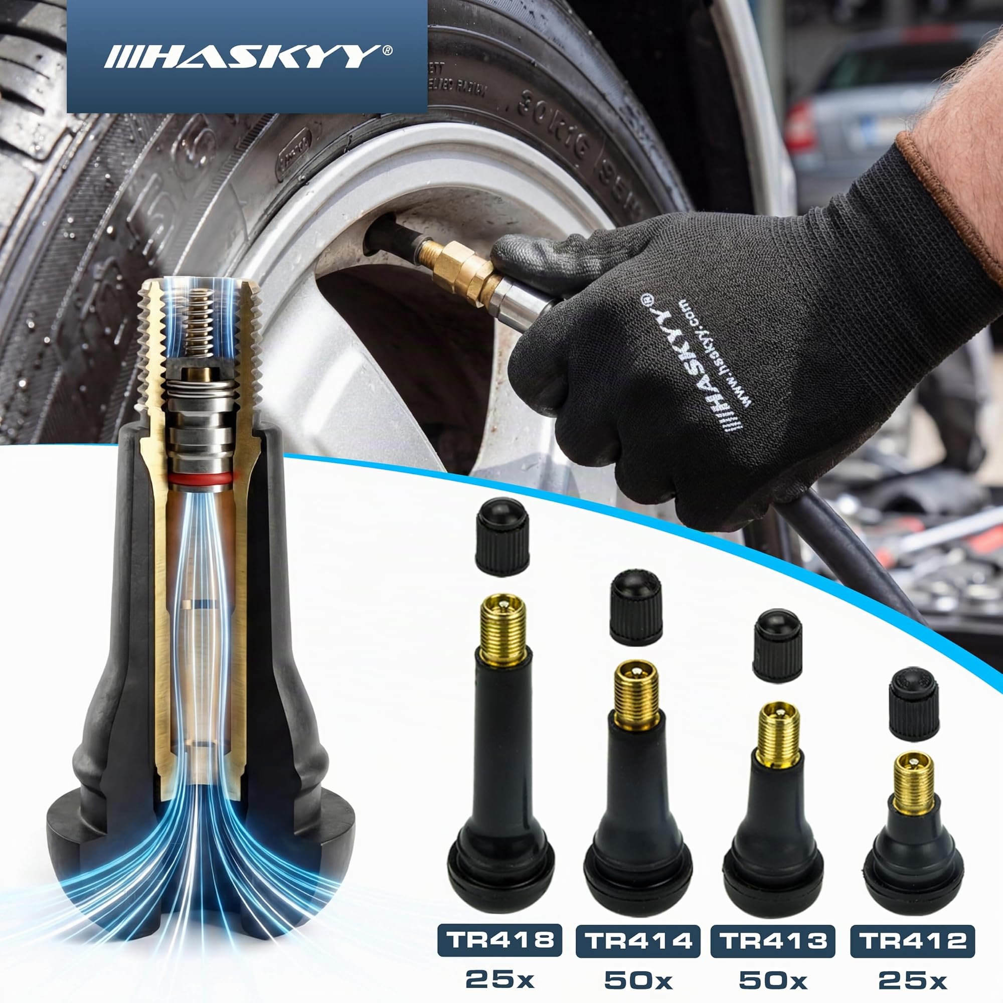 HASKYY Kit Completo Montaje Neumáticos 336 pzs - Pasta Montaje Negra 3 kg, Pesas Equilibrado Adhesivas y de Golpe, Válvulas TR412/413/414/418, Alicate Pesas, Extractor Válvula, Borrador Adhesivo, Caja