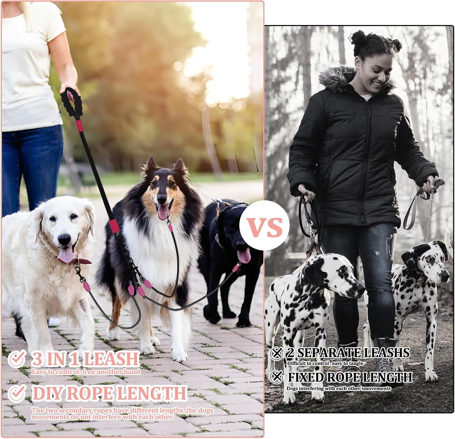 Double Dog Leash No Tangle, Adjustable Split Leads Three Pet Walking Leash with Comfortable Padded Handle for Three Dogs, Hands - Free Three Leashes for Small/Medium Pets (Black, Three Leashes)