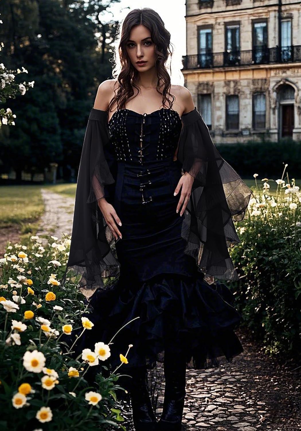 PROCOS Women Gothic Tulle Sleeves Mesh Cuffs Chiffon Victorian Detachable Sleeve Lace Arm Band Stage Pageant Gloves