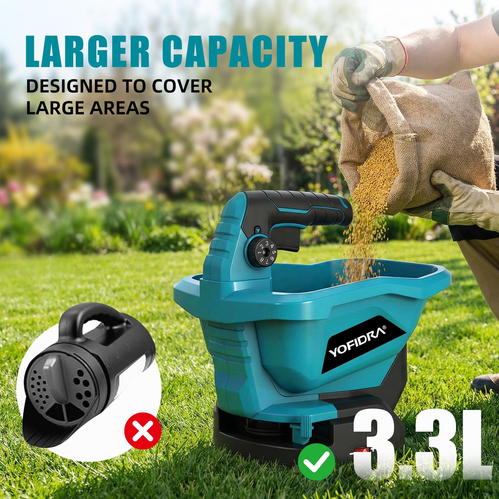 Yofidra Esparcidor de Semillas, Sembradora Universal con 2 batería de 2,0Ah, 3,3L, 6 Velocidades, 8 Niveles de Aplicación, 5m de Ancho, Cobertura 800m², para Fertilizante, Semillas o Sal para Deshielo
