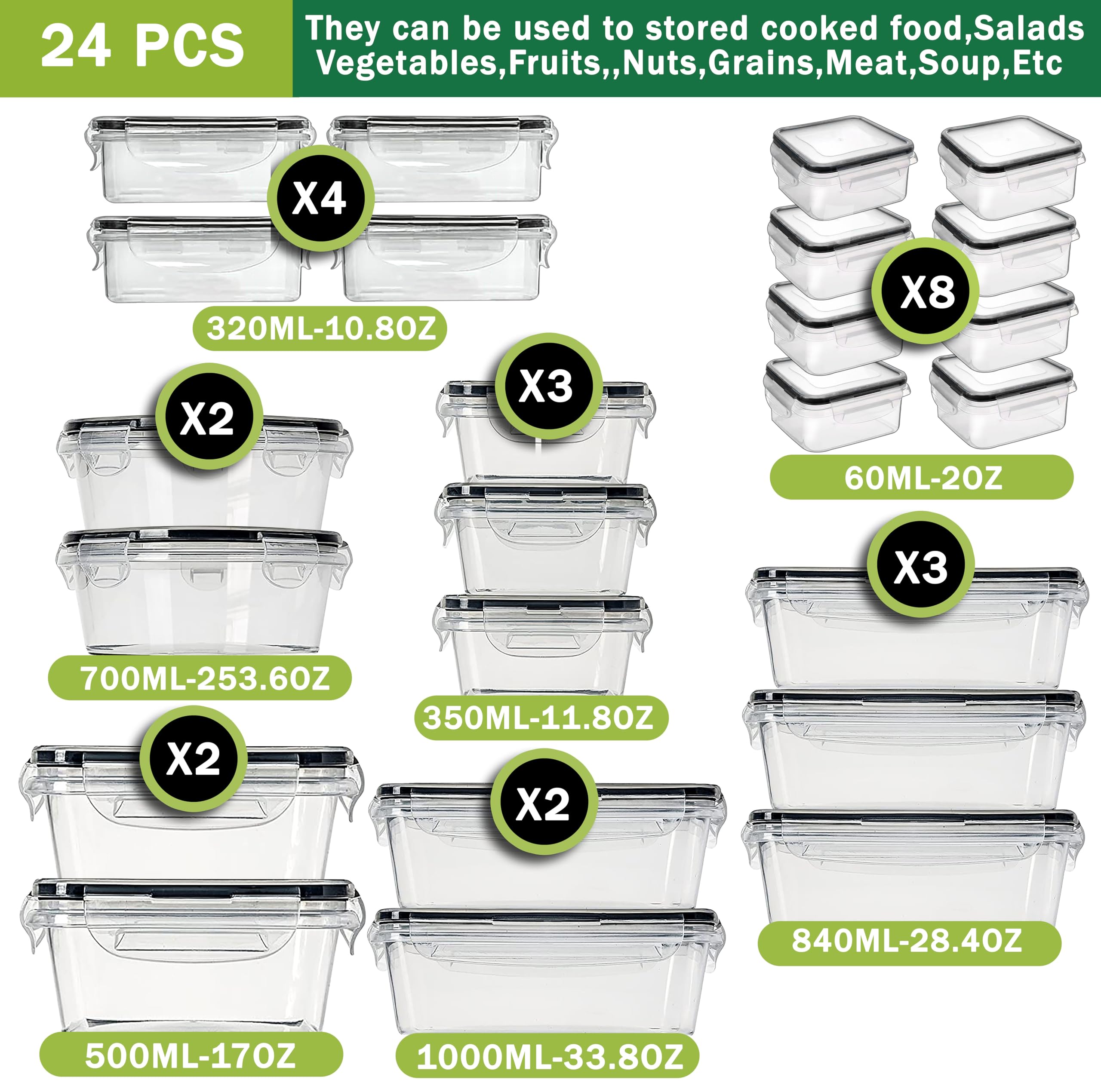 RKINC Food Storage Containers Lids set [48 Pack - 24 Container + 24 Lids], BPA-Free Plastic Airtight, Leak Proof Meal Prep Container for Pantry Organization, Dishwasher, Microwave and Freezer Safe