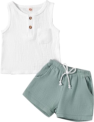 Conjunto de ropa para niños pequeños y niñas, unisex, pantalones cortos para bebé, camiseta de 2 piezas de algodón y lino de verano, 2 piezas