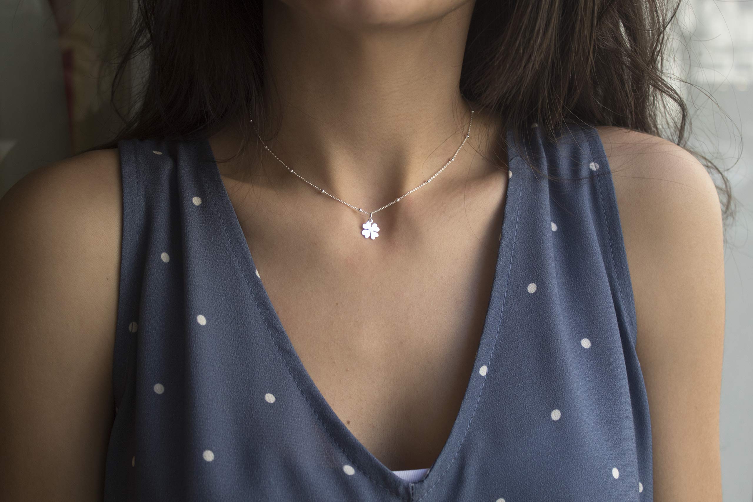 Collar con Colgante Trébol de Cuatro Hojas para Mujer, Chica Joven, Niña en Plata de Ley 925, Gargantilla Collar Suerte en Caja de Regalo