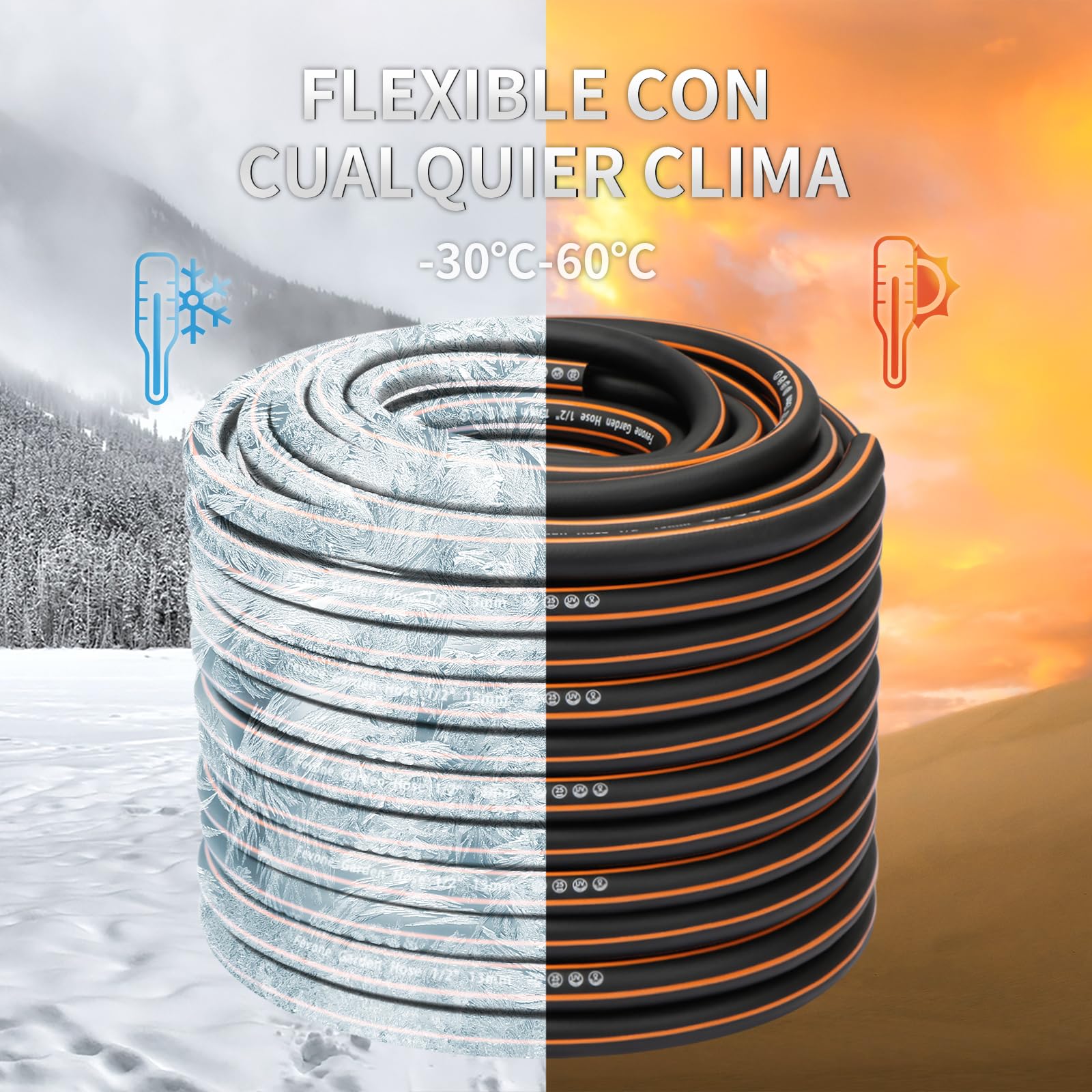 Fevone Tuyau d'arrosage 50 m 4 couches Φ13 mm (1/2") 25 bar Adaptateur de jardin Seringue Buse Distributeur Ant Kink Indéformable Robuste Noir/orange