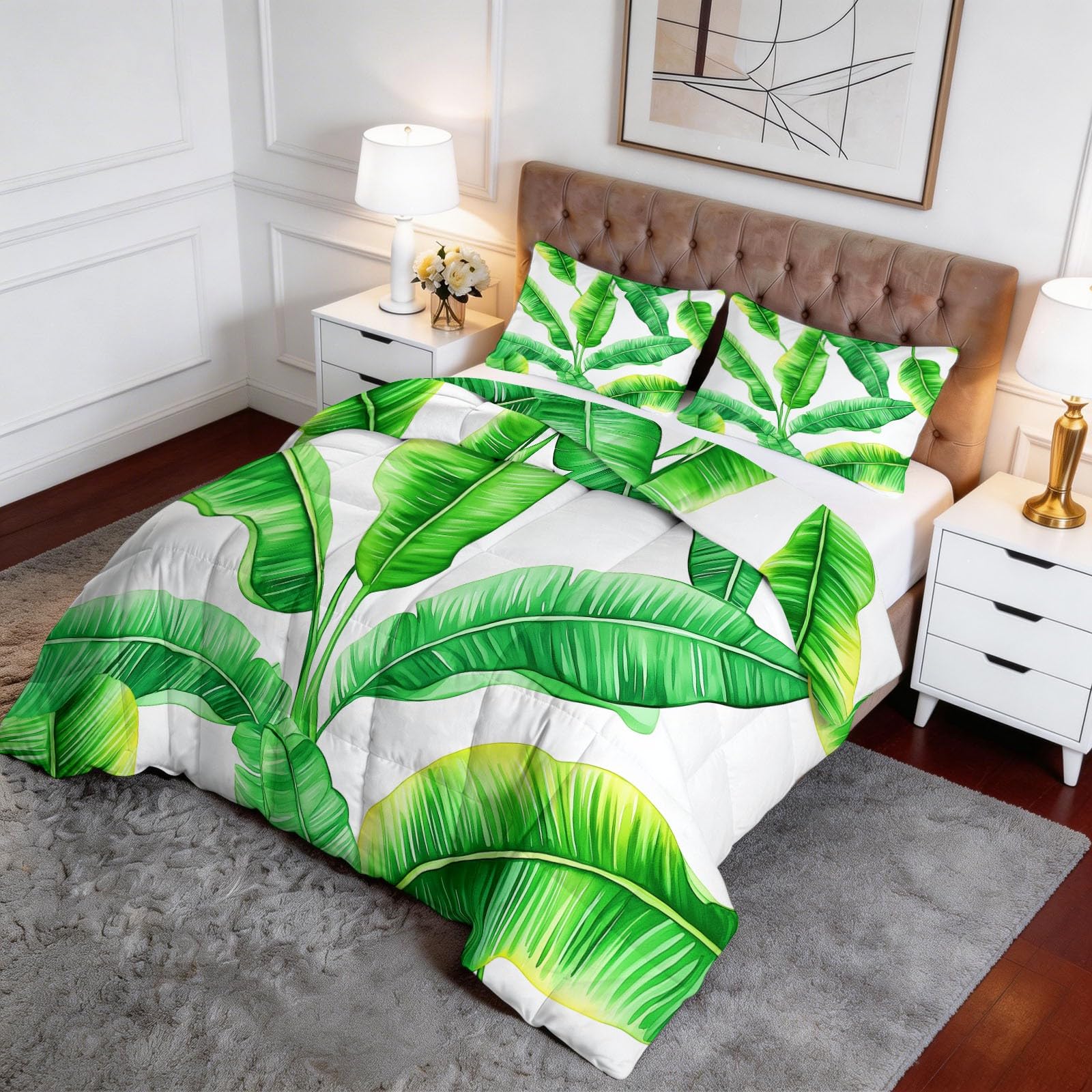 Botanico Foglia di Banana Foglia di Palma Trapunta Calda 140 x 200 cm, Bianco Verde Trapunta Leggera per Letto - Coperta morbida 4 stagioni Trapunta Lavabile per Bambini Ragazze Ragazzi Adolescenti