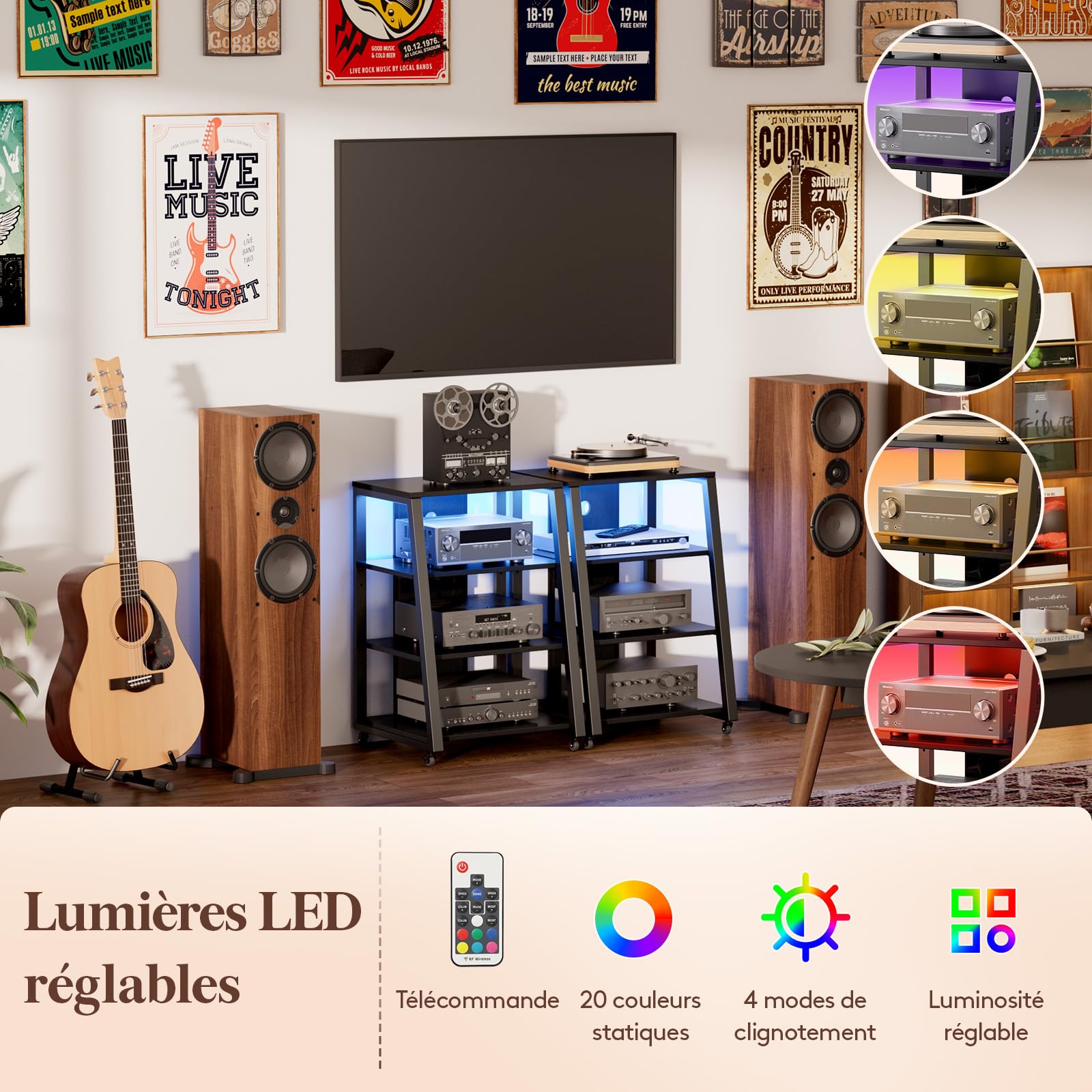 Lifewit Meuble Hifi 4 Niveaux avec Multiprises et Lumières LED, Meuble Vinyle en Bois et Acier, 60 x 55 x 90 cm, Noir