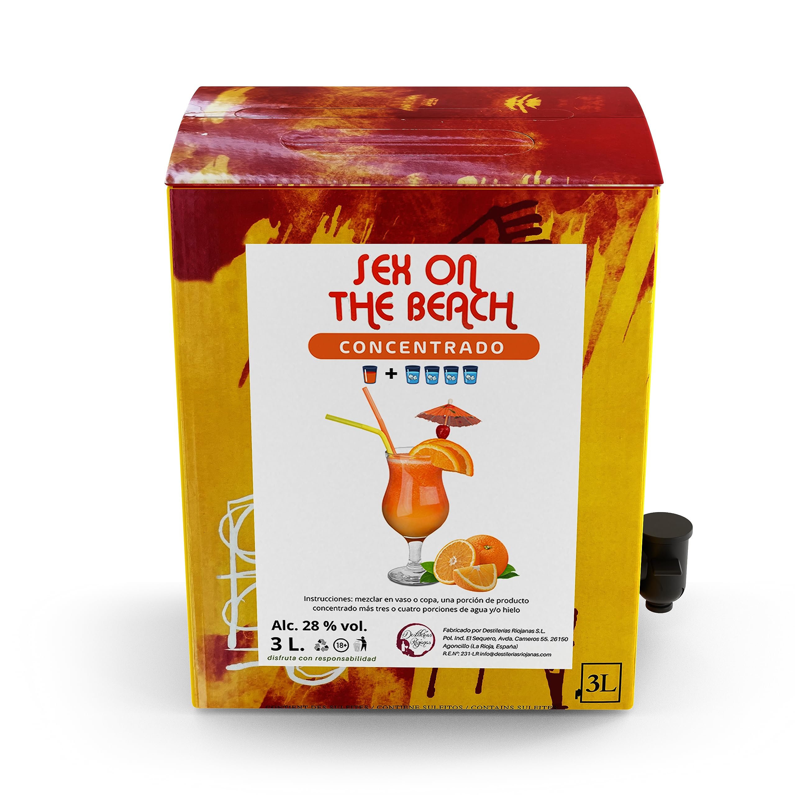Concentrado Cóctel Sex On The Beach Bag en Box 3,3 Kg (3L) 28% Vol. Rinde 15L o más de 50 vasos diluído en Agua y Hielo. Un Cocktail Más Rentable y Rápido en Menos Espacio. Por Destilerías Riojanas