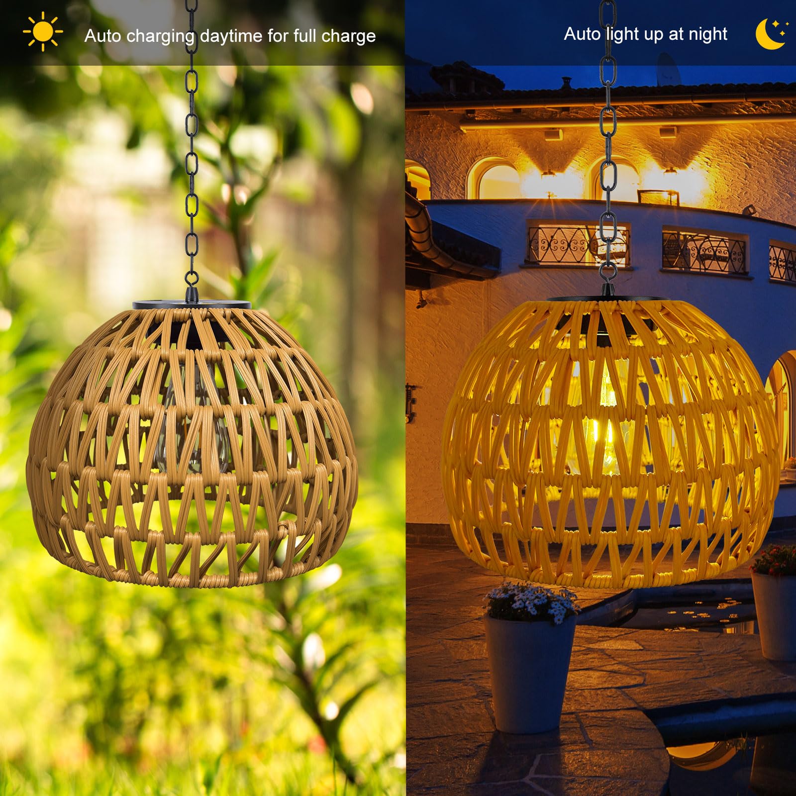 Livinlarge Solar-Hängeleuchte für den Außenbereich, Rattan-Pendelleuchte, Pavillon-Lichter, wasserdicht, für Pavillon, Pergola, Veranda, Terrasse, Balkon, Baum, Außendekor-Beleuchtung