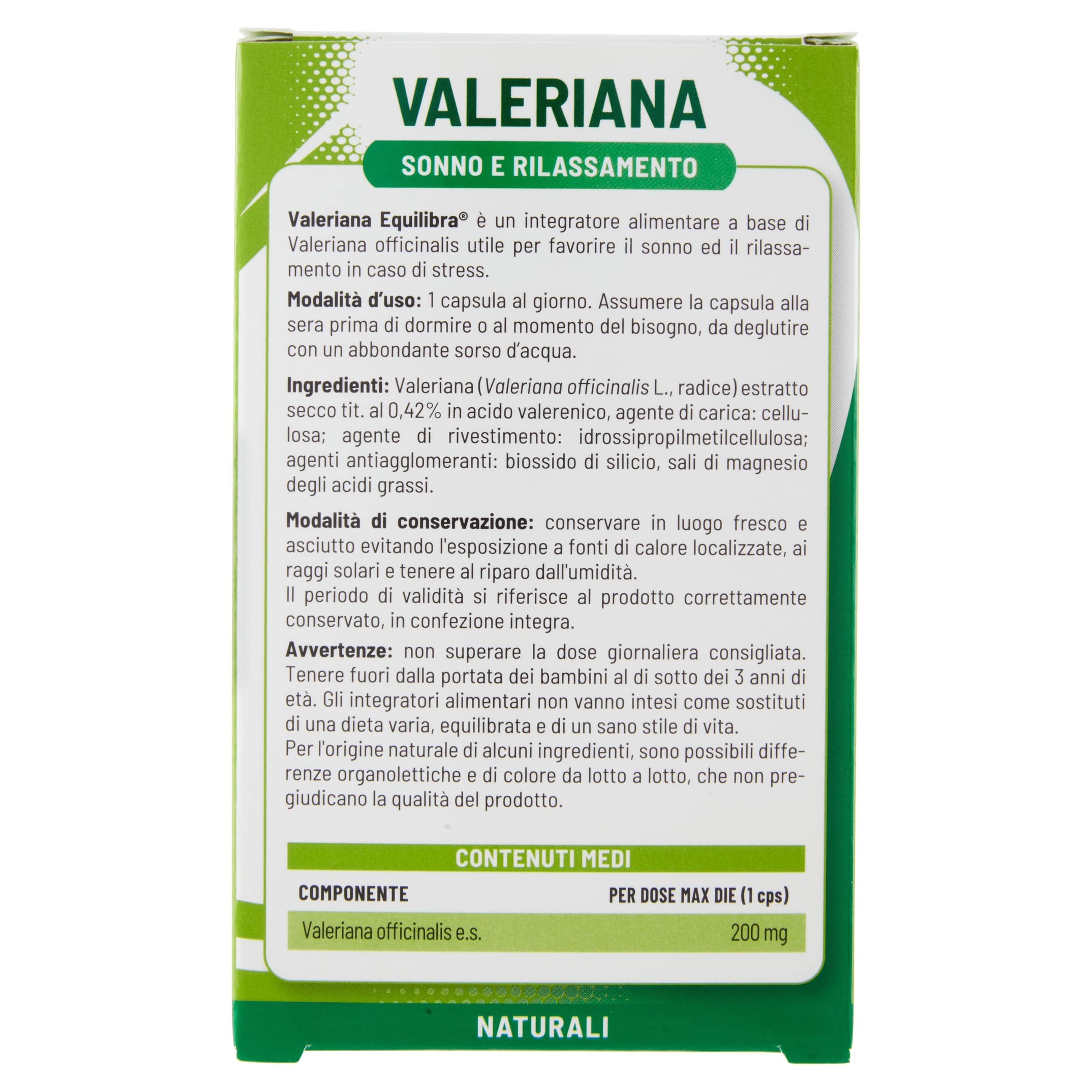 equilibra Integratori Alimentari, Valeriana, Integratore Per Favorire Il Sonno E Il Rilassamento In Caso Di Stress, Da Assumere Prima Di Dormire, 30 Capsule