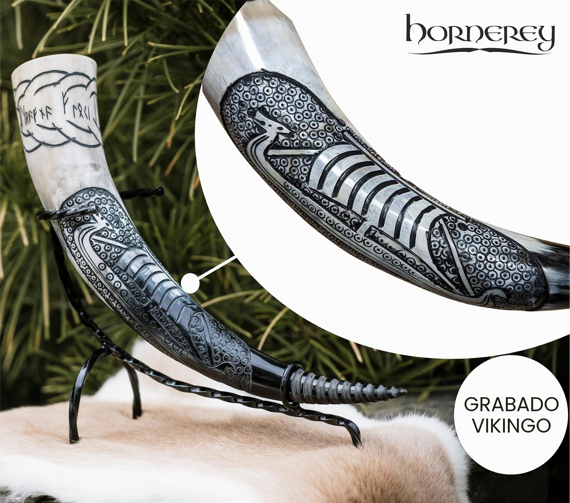 Juego de cuerno para beber Floki con soporte y cinturón, 500 ml, cuerno vikingo con accesorios, LARP