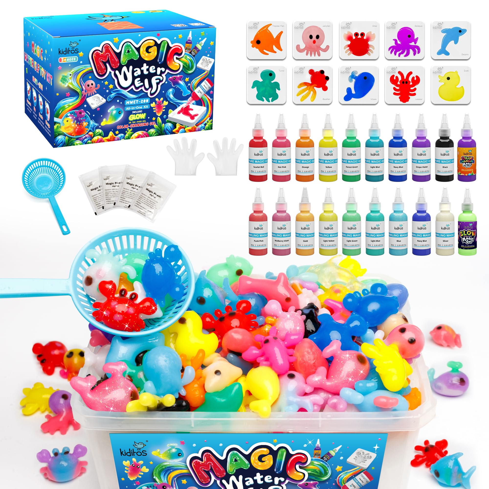 Kiditos Magic Water Elf Kit for Kids, Aqua Fairy Water Gel Kit with 20 Gels & 10 Molds, DIY Water Pets & Magic Water Jelly Craft Set, Kids Toys & Gifts for Girls Boys Age 3+