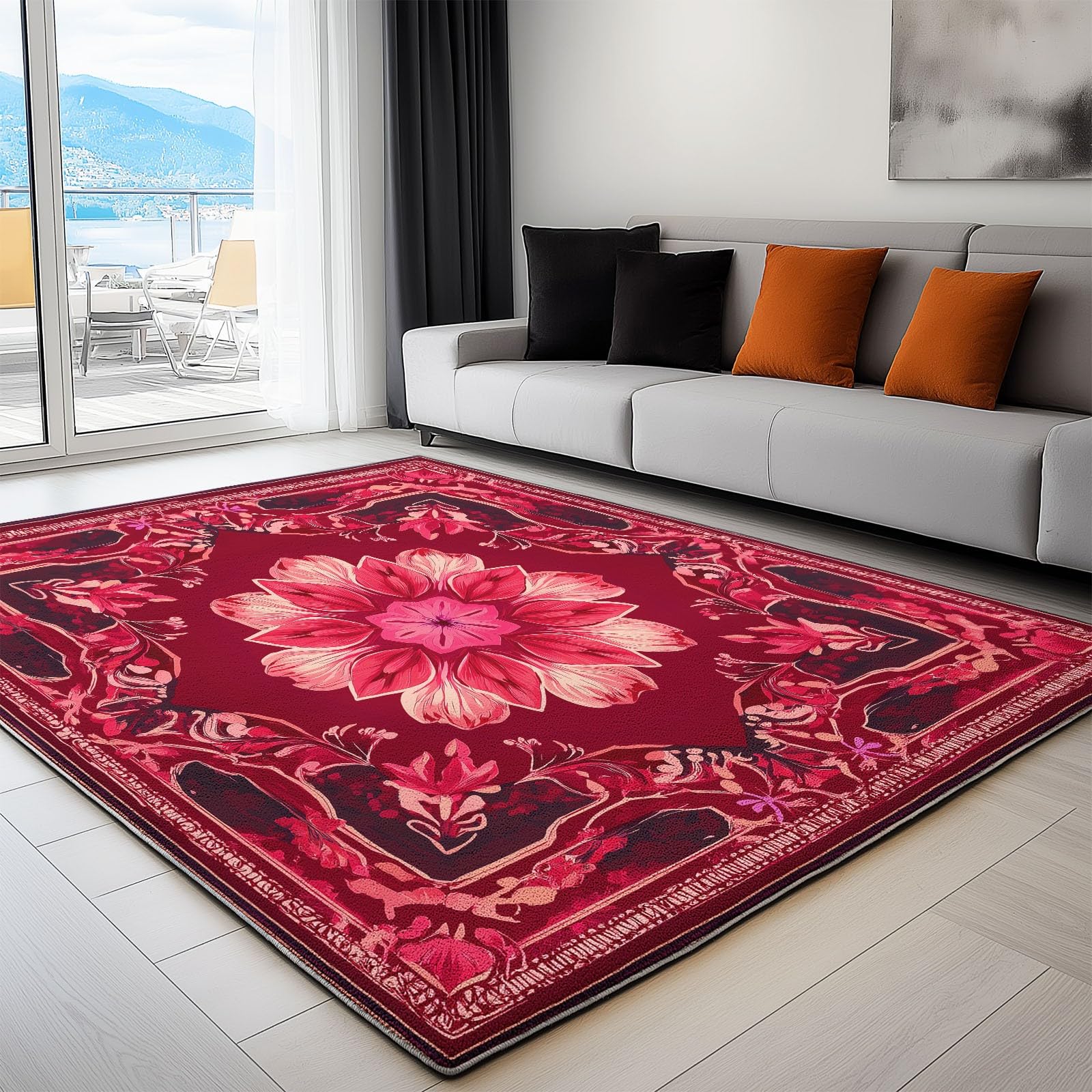 Dywaniki do salonu, 180 x 240 cm, boho, mandala, kwiatowy nadruk, miękkie dywany z krótkim włosiem, antypoślizgowe, zmywalne, maty podłogowe do sypialni, pokoju dziecięcego, dekoracja wnętrz, czerwony