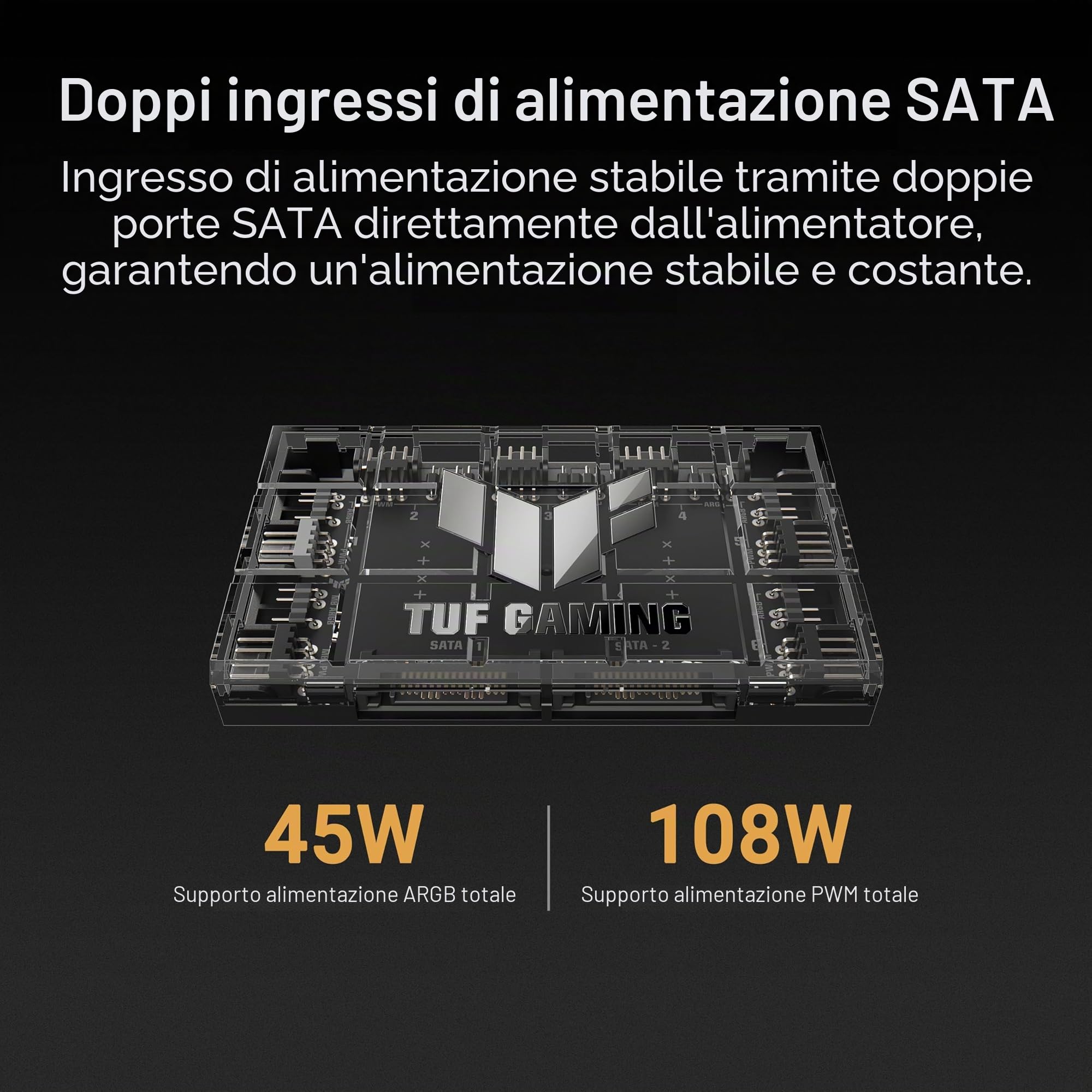 ASUS TUF Gaming ARGB PWM Fan Hub, 6 Ventole Collegabili per il Controllo PWM e ARGB, Doppi Connettori di Alimentazione SATA, Sincronizza gli Effetti per il Raffreddamento e l'Illuminazione, Nero