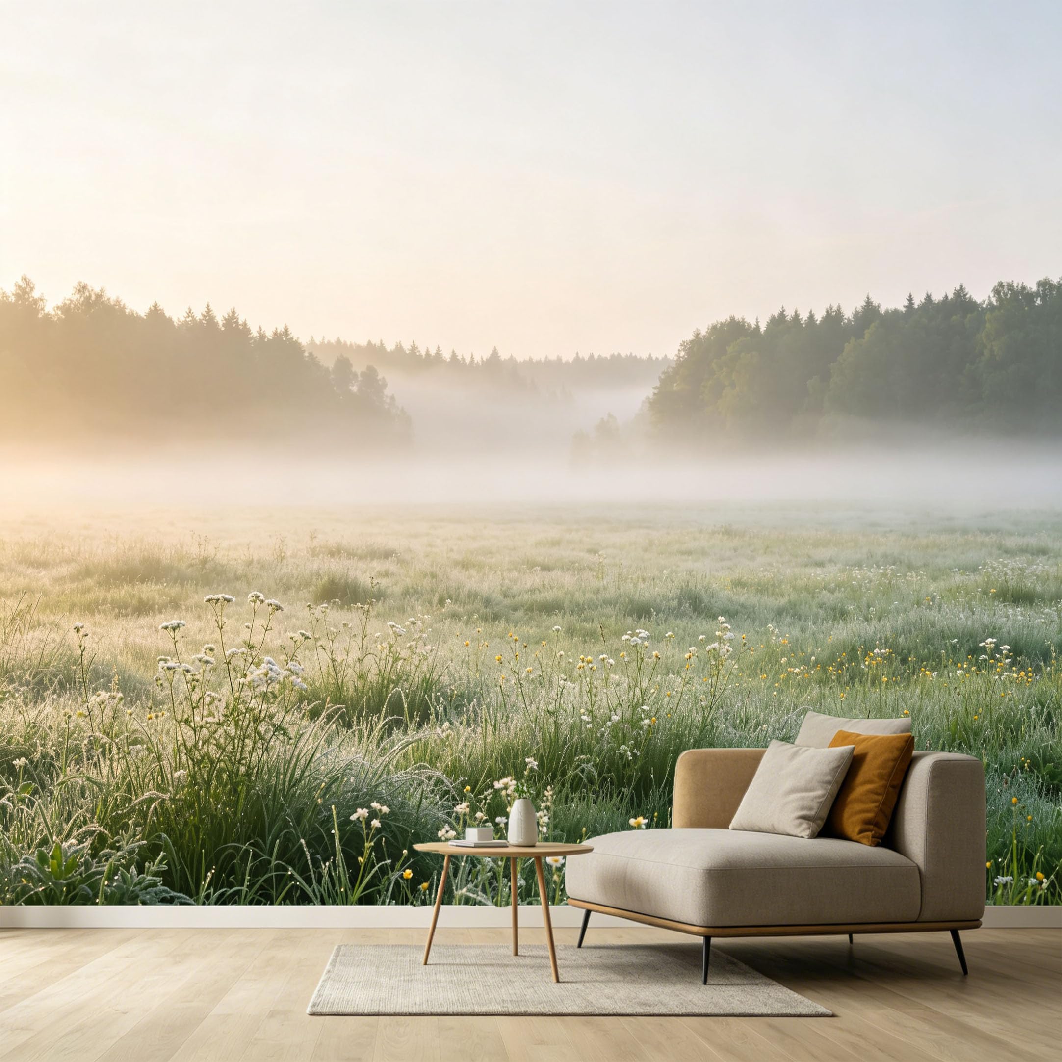 Custom Size Wall Murals Landscape Misty Meadow Forest Sunrise Self-Adhesive Wall Fabric Removable Wallpaper Wall for Living Room Bedroom Office Decor