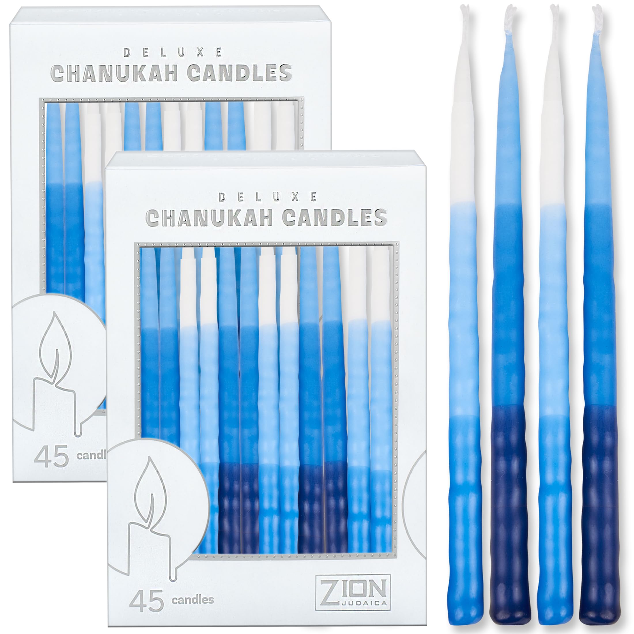 Zion Judaica 2 Pack Festive Hanukkah Candles for Menorah Box of 45 Tri-Color Blue Tapered Ribbed Style Prayer Card & DIY Dreidel Standard Size Chanukah Candles for 8 Nights Hanuka