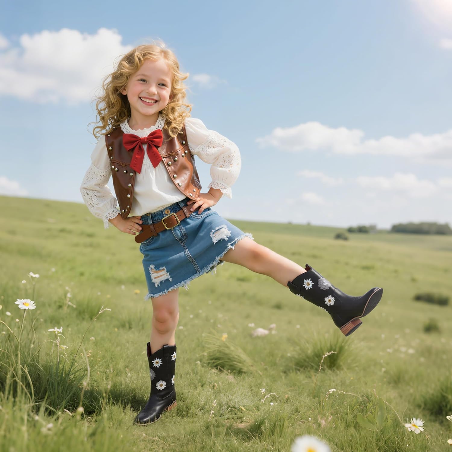 Goiphrri Cowgirl Boots For Girls Mid Calf Cowboy Boot Toddler Chunky Low Heel Western Boots with Floral Embroidered Square Toe Horse Riding Dress Shoes For Little/Big Kids