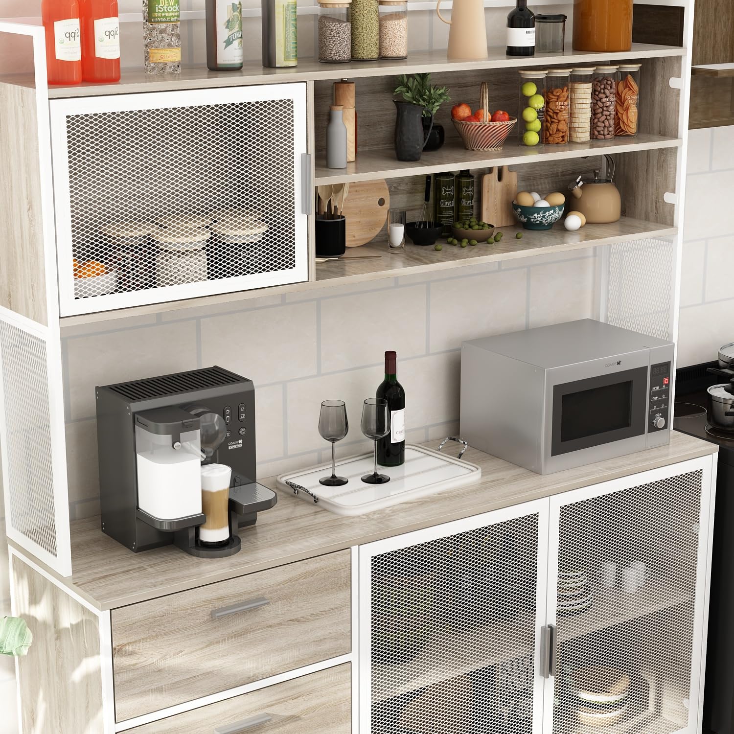 Alacena Cocina, Mueble Aparador Comedor con 3 Puertas y Cajones, Estilo Industrial Sencillo, 174 x 150 x 40 CM, MDF, Color Roble