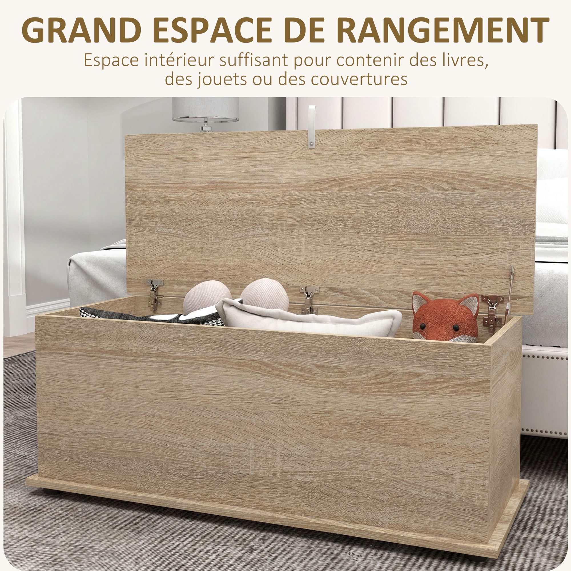 HOMCOM Cassapanca portaoggetti con coperchio pieghevole e cerniere di sicurezza, panchina scarpe, mobili da ingresso, corridoio, camera da letto, soggiorno, 100 x 40 x 40 cm, effetto legno naturale
