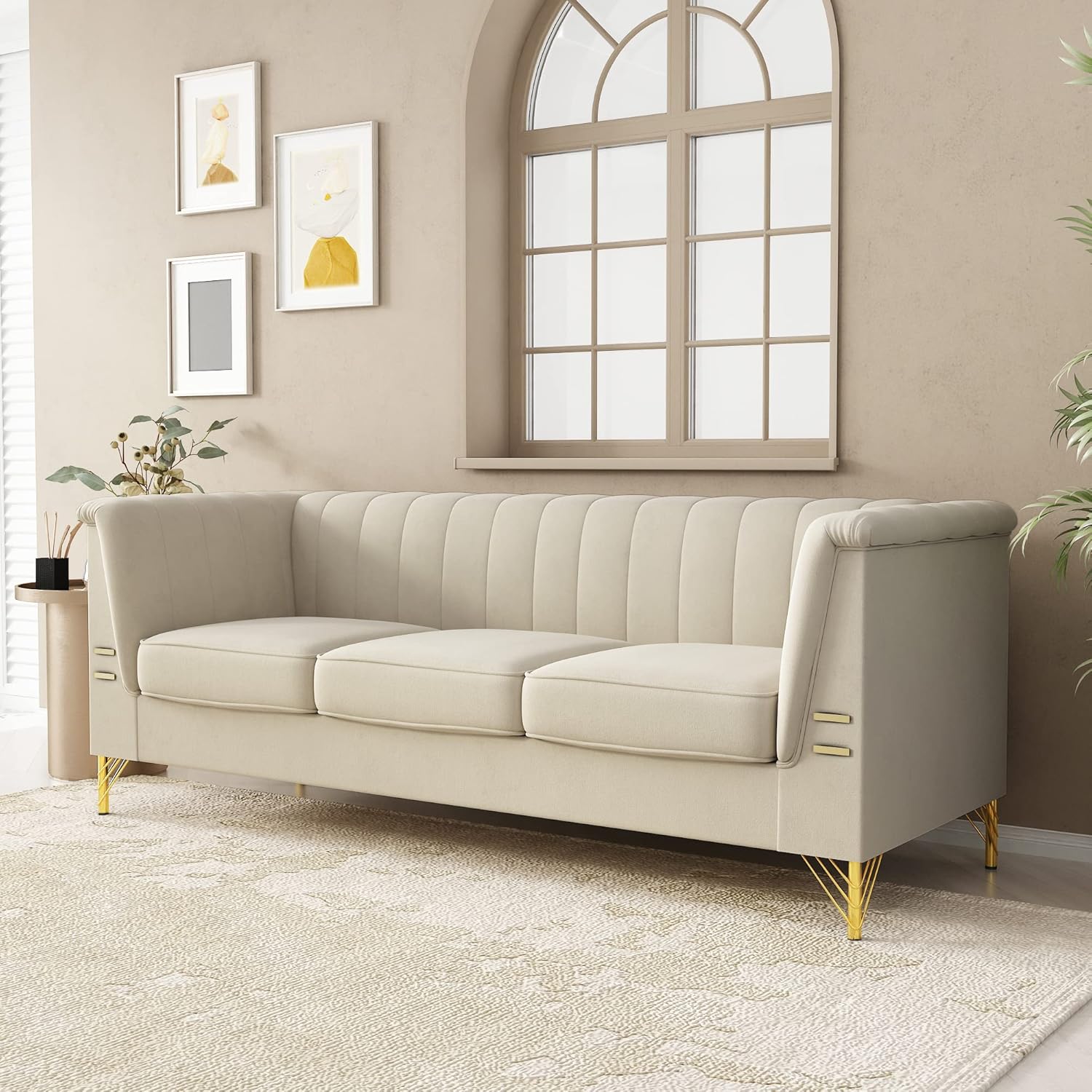 Beige Velvet 3 Seater Sofa