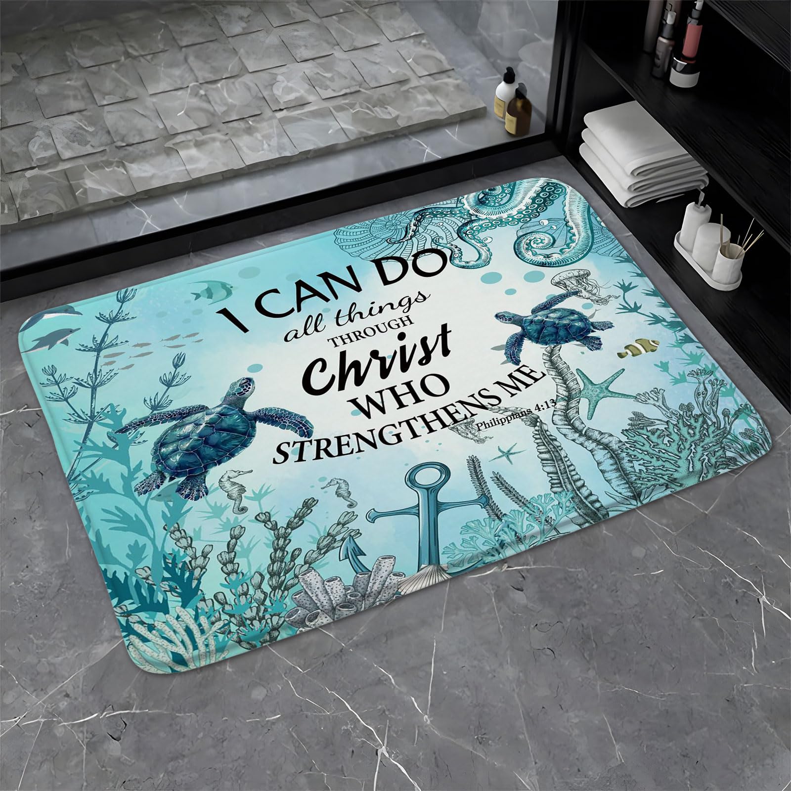 Sea Turtle Bathroom Rugs Inspirational Quote Ocean Beach Nautical Coastal Marine Life Underwater Animals Seashell Jellyfish Summer Cute Funny Bath Mat