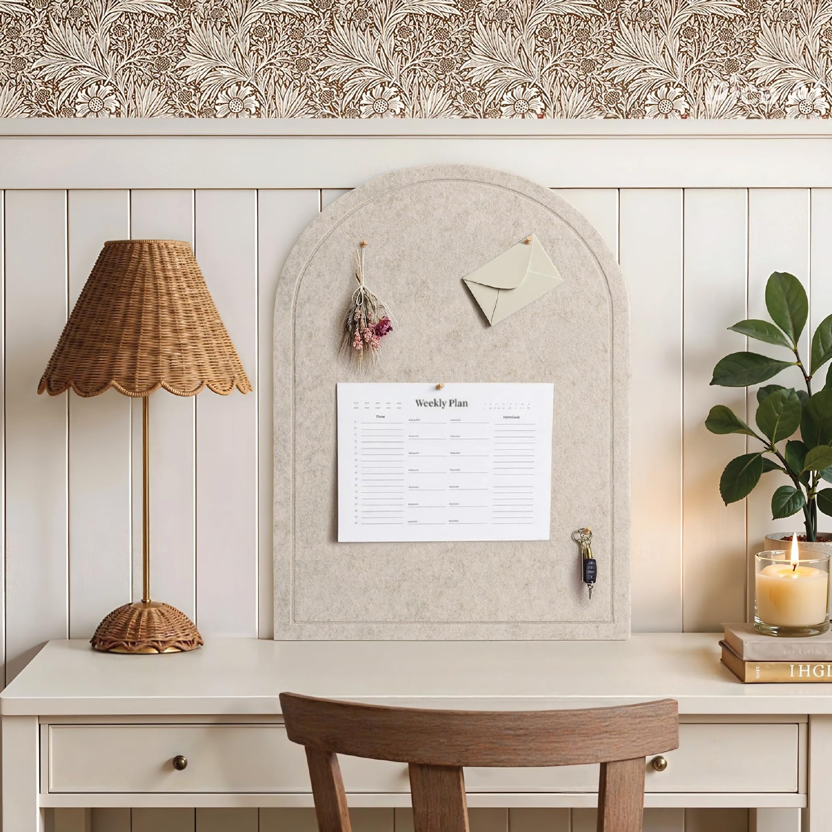 Orelle Arch Felt Bulletin Board | Peel and Stick Felt Board for Wall | Alternative Cork Board for Office, Vision Board, Kids Art Display | Arched Wall Decor | 23 x 31”| Beige