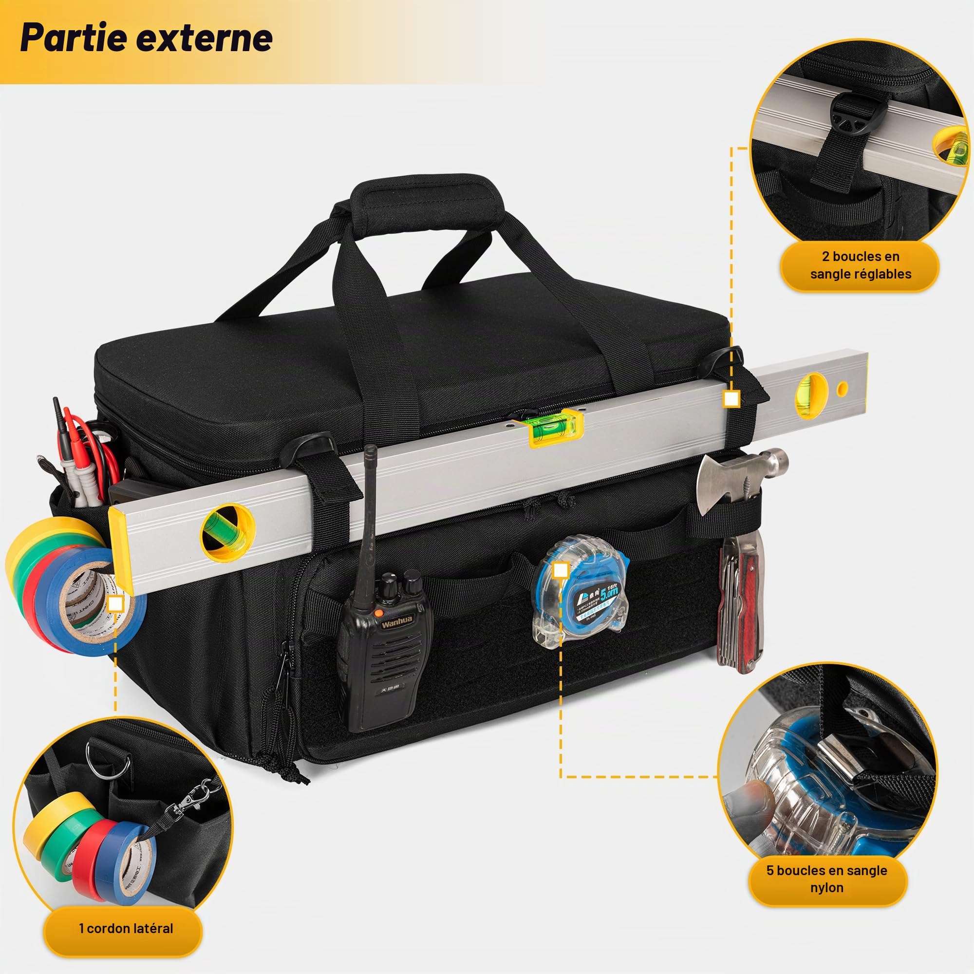 Rexmica Sac à Outil et 3 Pochettes à Outils, Rangement Outils pour Hommes | Tactique Sac de Travail Polyvalent pour Réparateur, Charpentier, Bricoleur, Électricien, Noir