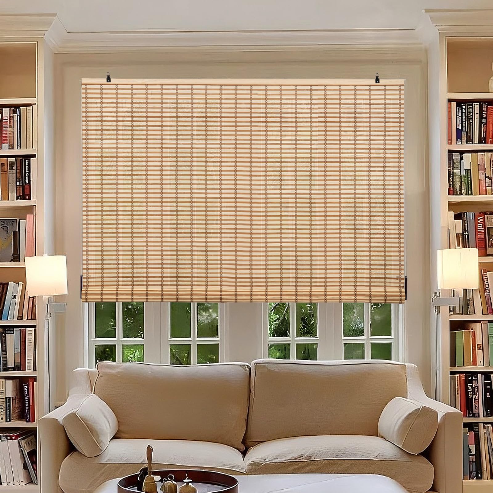 Store Enrouleur en Bambou Opaque, Protection Solaire et Brise-Vue pour Porte/fenêtre (Marron, 90 x 220 cm)
