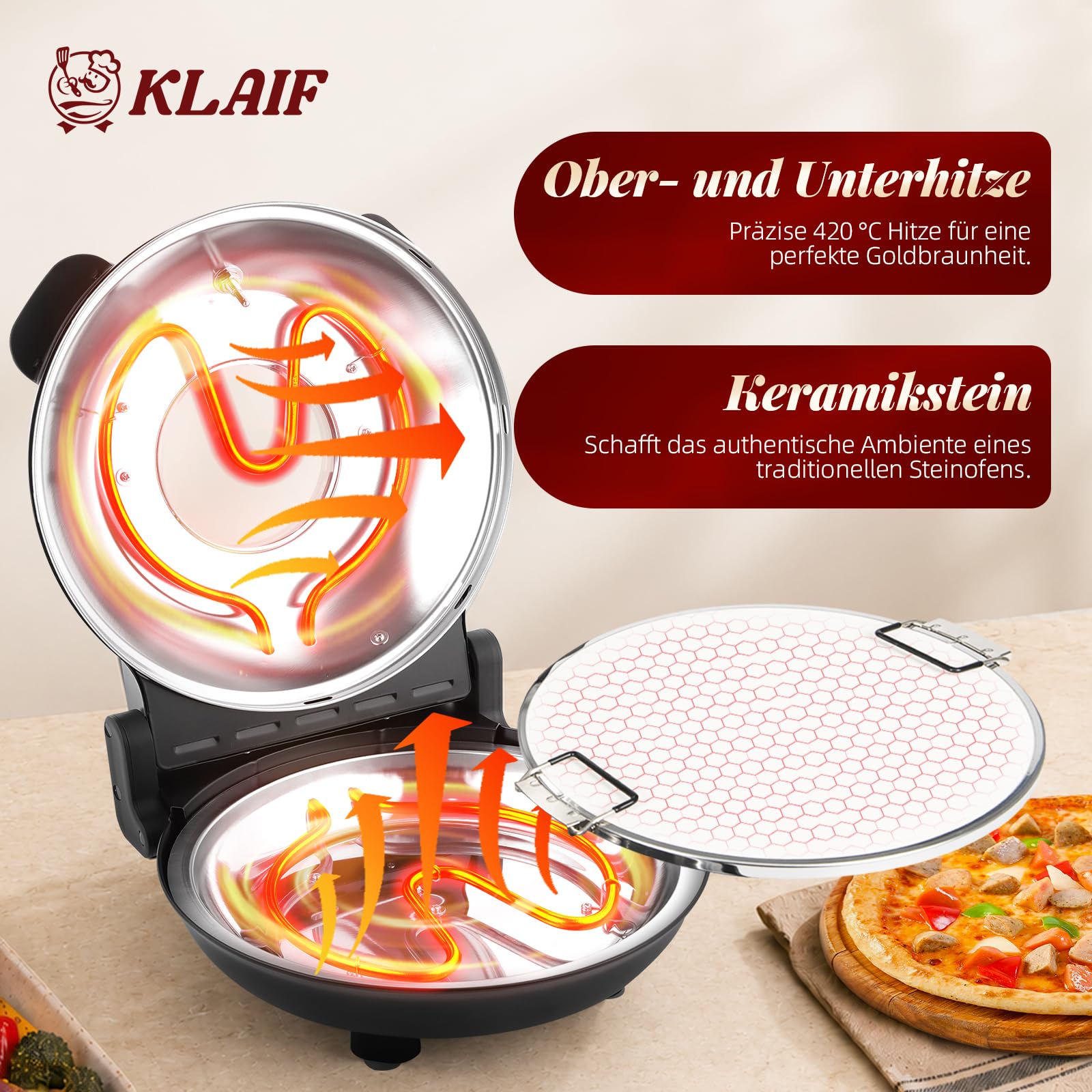 KLAIF Elektrischer Pizzaofen 420 °C, separat regelbare Ober- und Unterhitze, 31 cm Keramik-Pizzastein, inkl. 4-teiligem Pizzazubehör-Set, 1200 W, Modell LMC-Schwarz