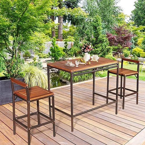 Miniatura 2 de HAPPYGRILL Juego de 3 barras de mimbre para exteriores, juego de muebles de comedor de madera de acacia con 2 sillas para piscina, patio trasero,