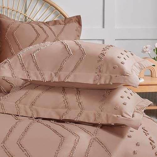 Miniatura 4 de Gemarwel Juego de funda de edredón rosa, tamaño Queen Boho, juego de ropa de cama jacquard copetudo, 3 piezas, estilo rural para todas las