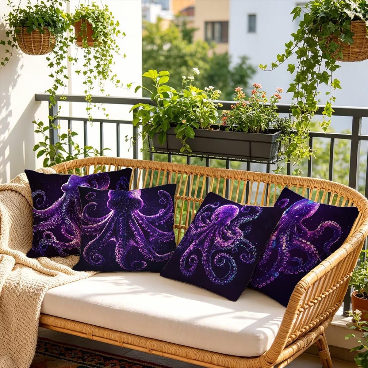 Federe Cuscini Divano 60x60 cm, Viola Cuscini per Divano, Velluto Federe Cuscino Letto Impermeabili Set da 4, Copricuscini Polpo Motivo con Cerniera Invisibile Design per Sofá, Regalo Donna G-25