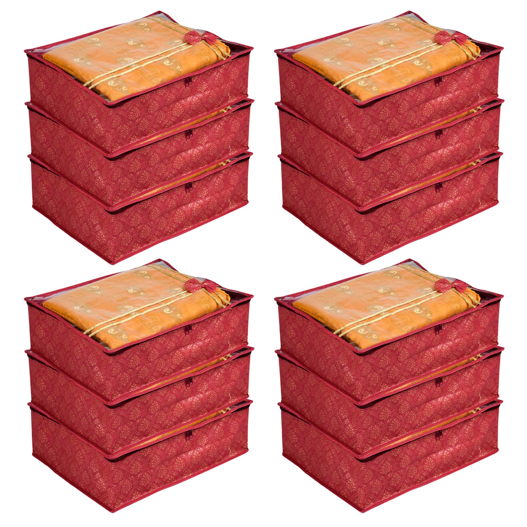 Kuber Industries Pack of 12 Saree Storage Bag | 6 Inch | Clothes Storage Bag | Wardrobe Storage Bag | Cloth Storage Organizer | Top Visible Window Saree Bag | Bow Golden Printed | Maroon