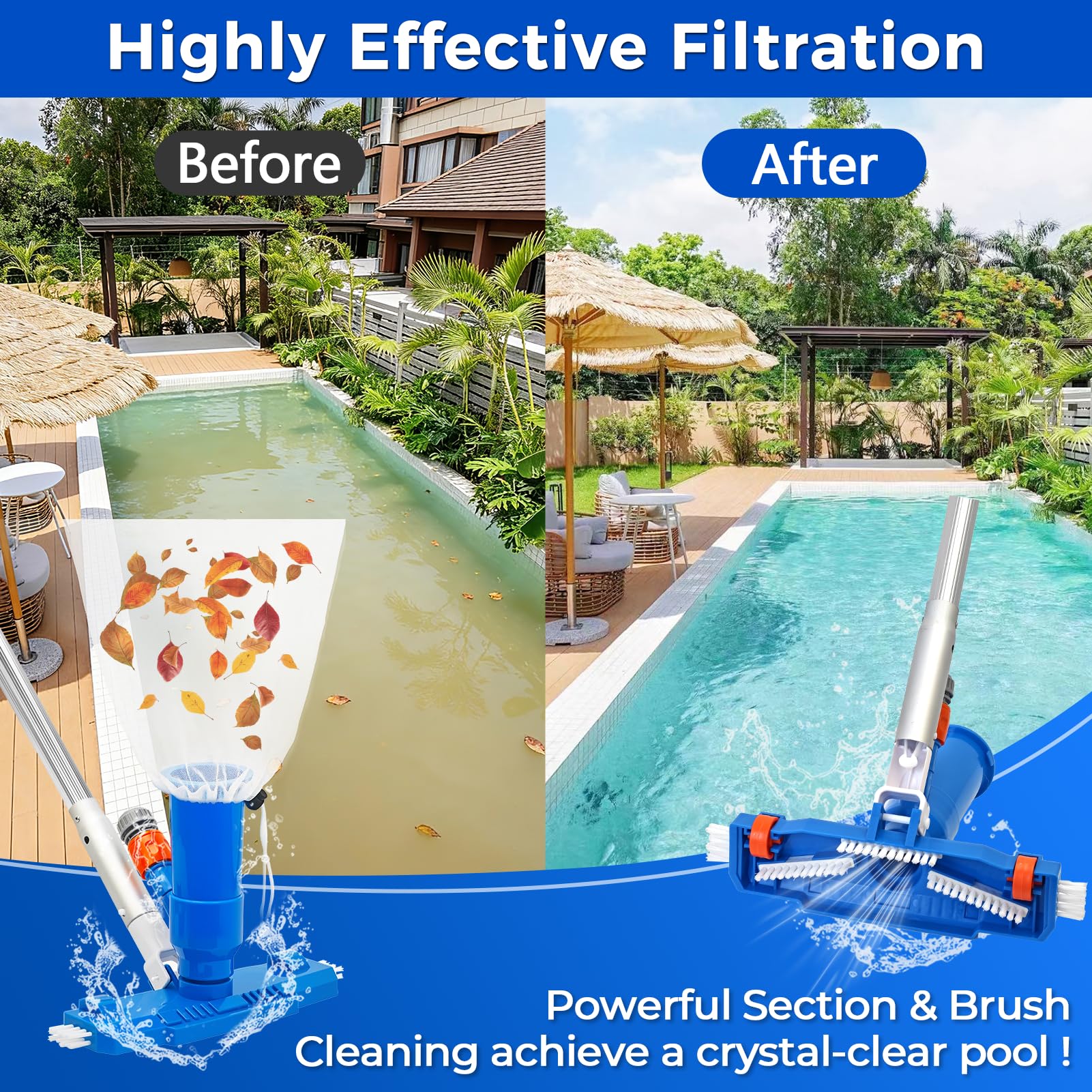 1.4m Pool Cleaning Kit, Swimming Pool Vacuum Cleaner with 5 Pole Sections, Pool Maintenance Kits with Pool Nets, Pond Vaccum Cleaner with Large Capacity Skimmer Net, Hot Tub Vac to Clean Dirty — view 6