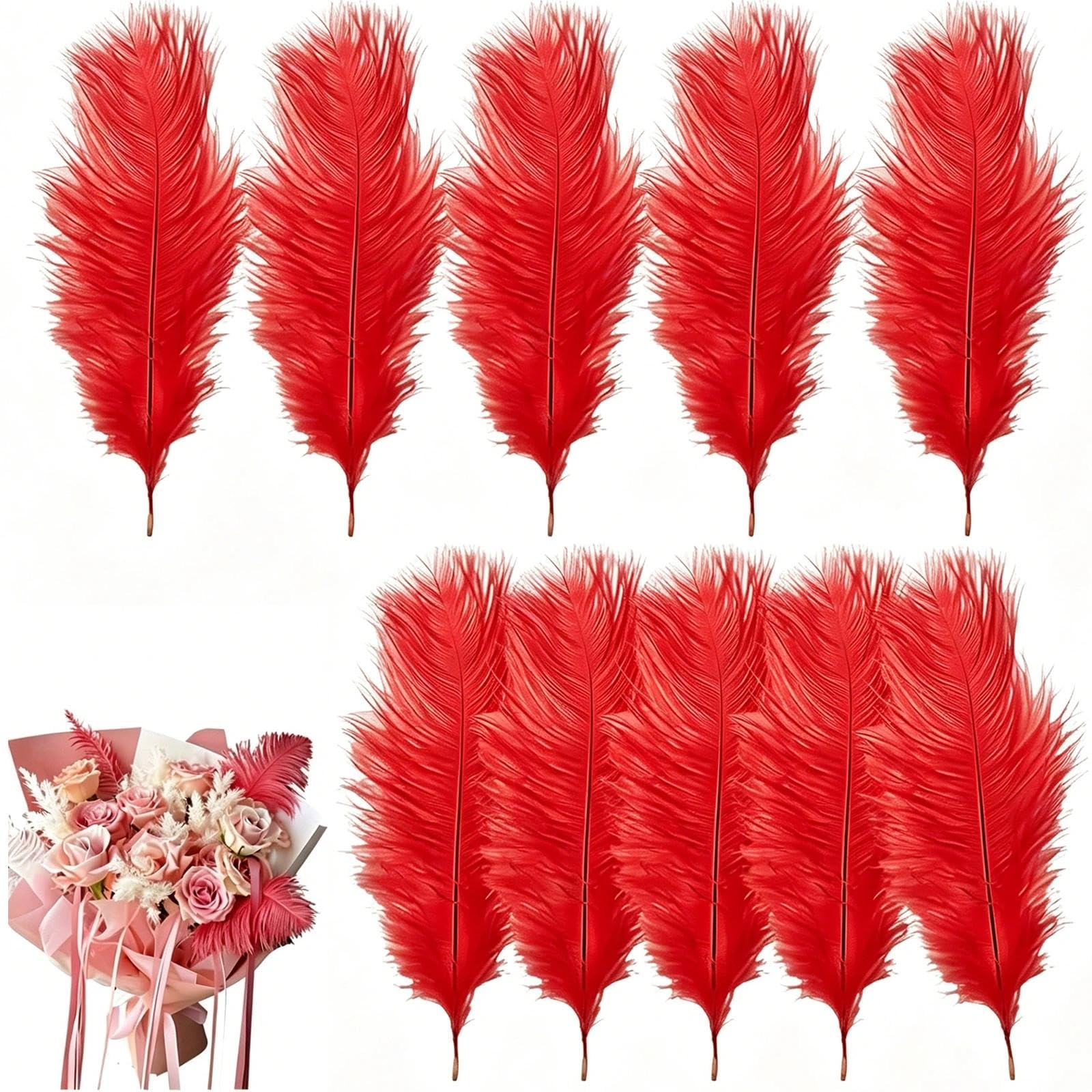 10 Pcs Ostrich Feathers, 20-25cm Large Fluffy Feather, Natural Feathers for Crafting, Christmas Tree Feather Decorations, for Wedding Office Bedroom Living Room(Bright Red)