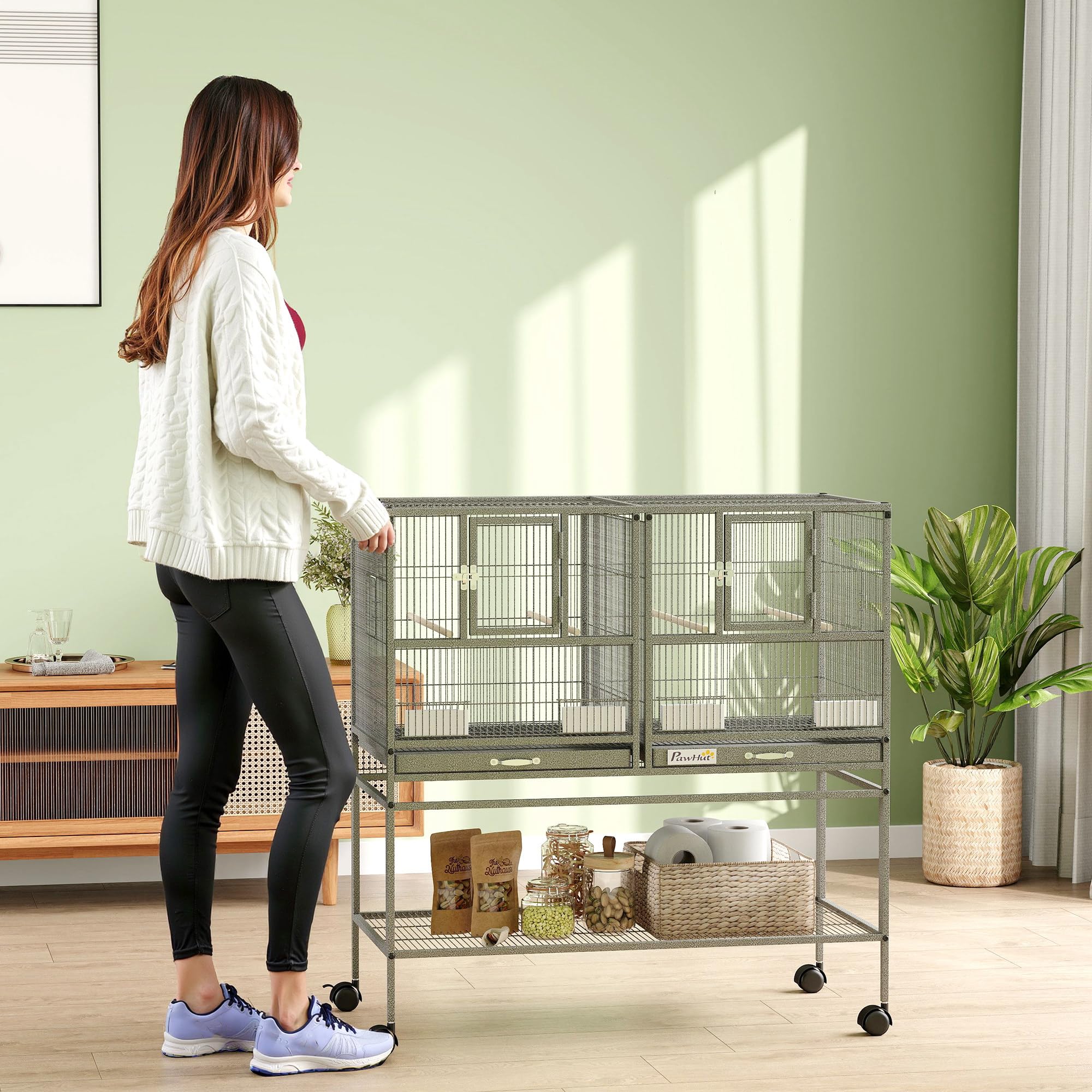 PawHut Cage à Oiseaux avec séparation mangeoire et perchoir 95L x 45,5l x 102H cm Noir et Gris
