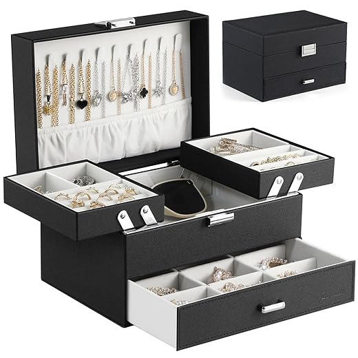 Dajasan Jewelry Organizer Box, Large Jewelry Boxes for Women Girls, Compact 3 Layers Jewelry Storage Case with Drawer, Movable Metal Stand, Modern, Gift Idea (Black)