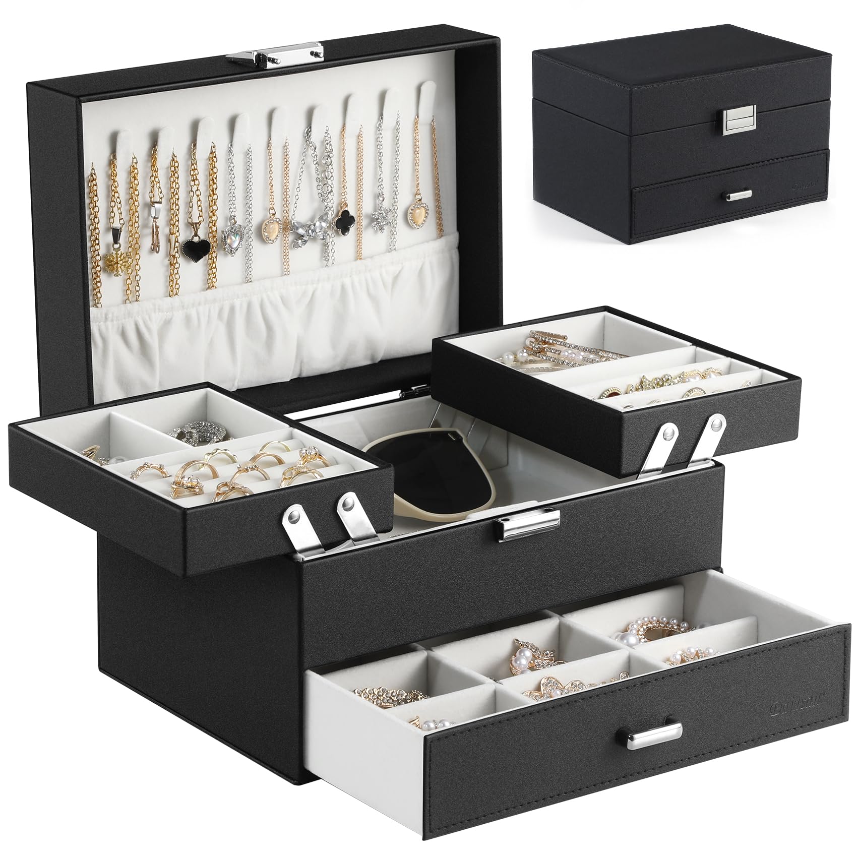 Dajasan Jewelry Organizer Box, 3 Layers with Drawer, Black