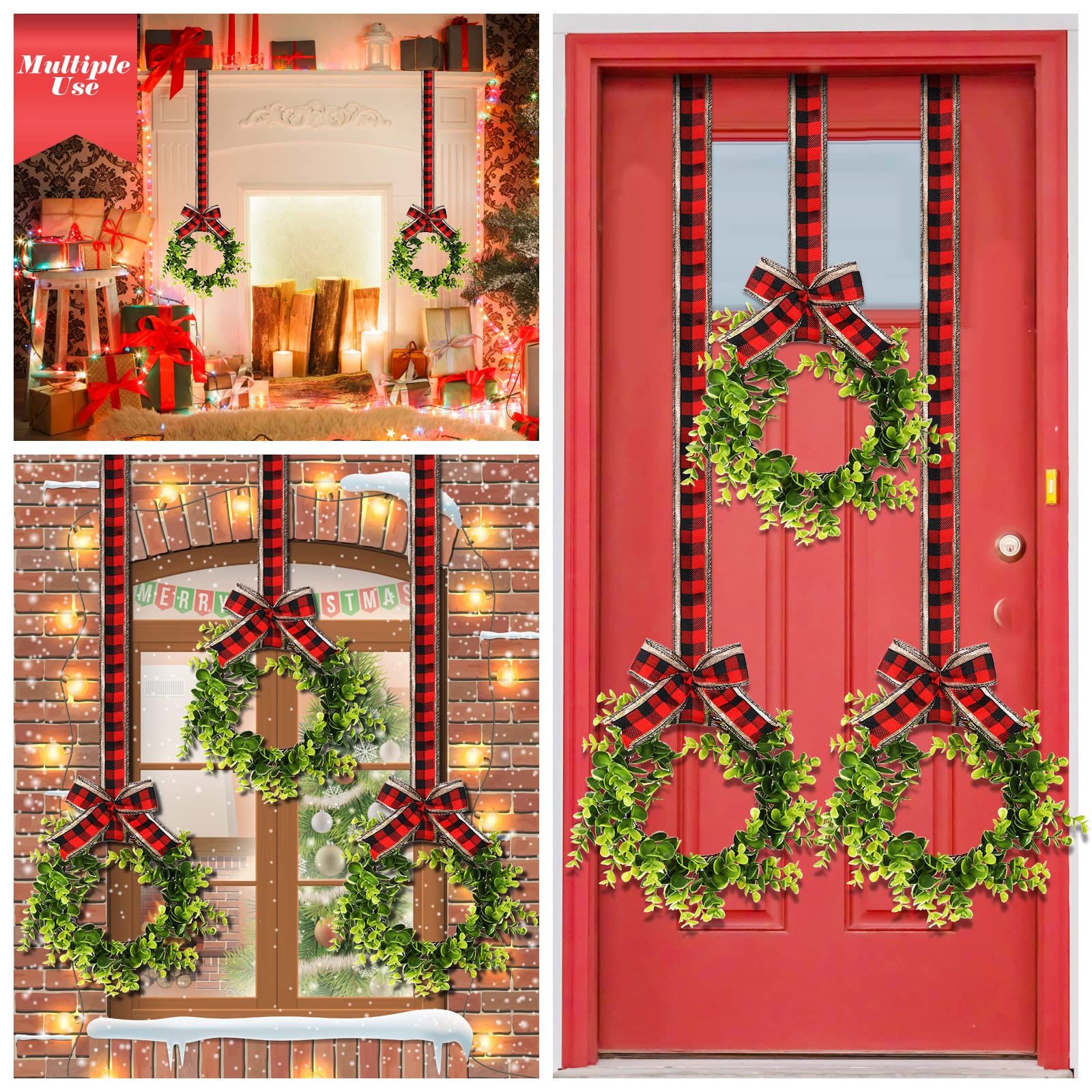 6 Pcs Christmas Kitchen Cabinet Wreaths Decorative Boxwood Wreaths with Ribbon Artificial Greenery Wreath Small Farmhouse Wreaths for Kitchen, 21.3 x 8.7 Inch (Dual Red Black Plaid with Linen)
