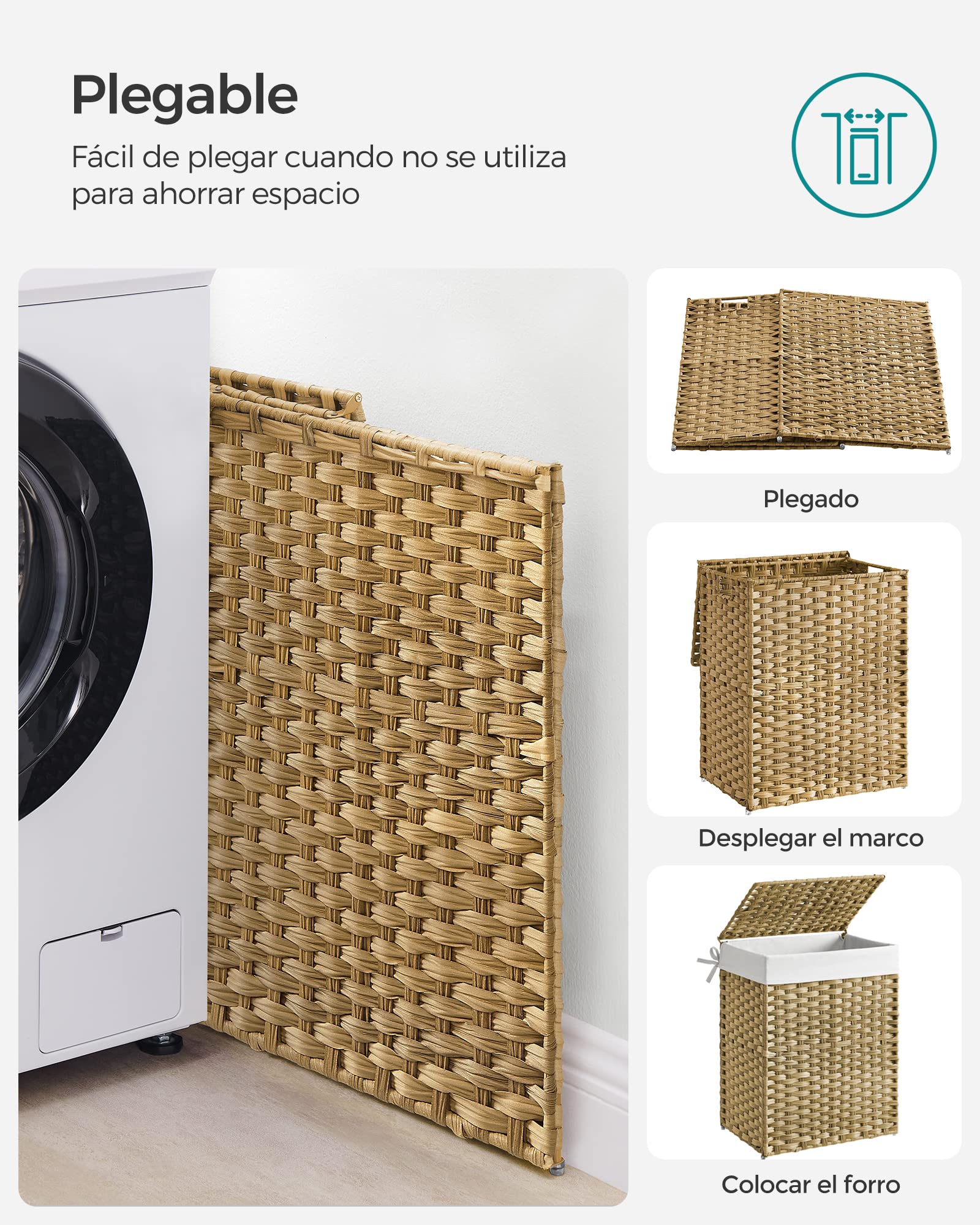 SONGMICS Cesta de Almacenamiento 90 L con Tapa Plegable Bolsas de Tela Extraíbles Natural LCB51NL