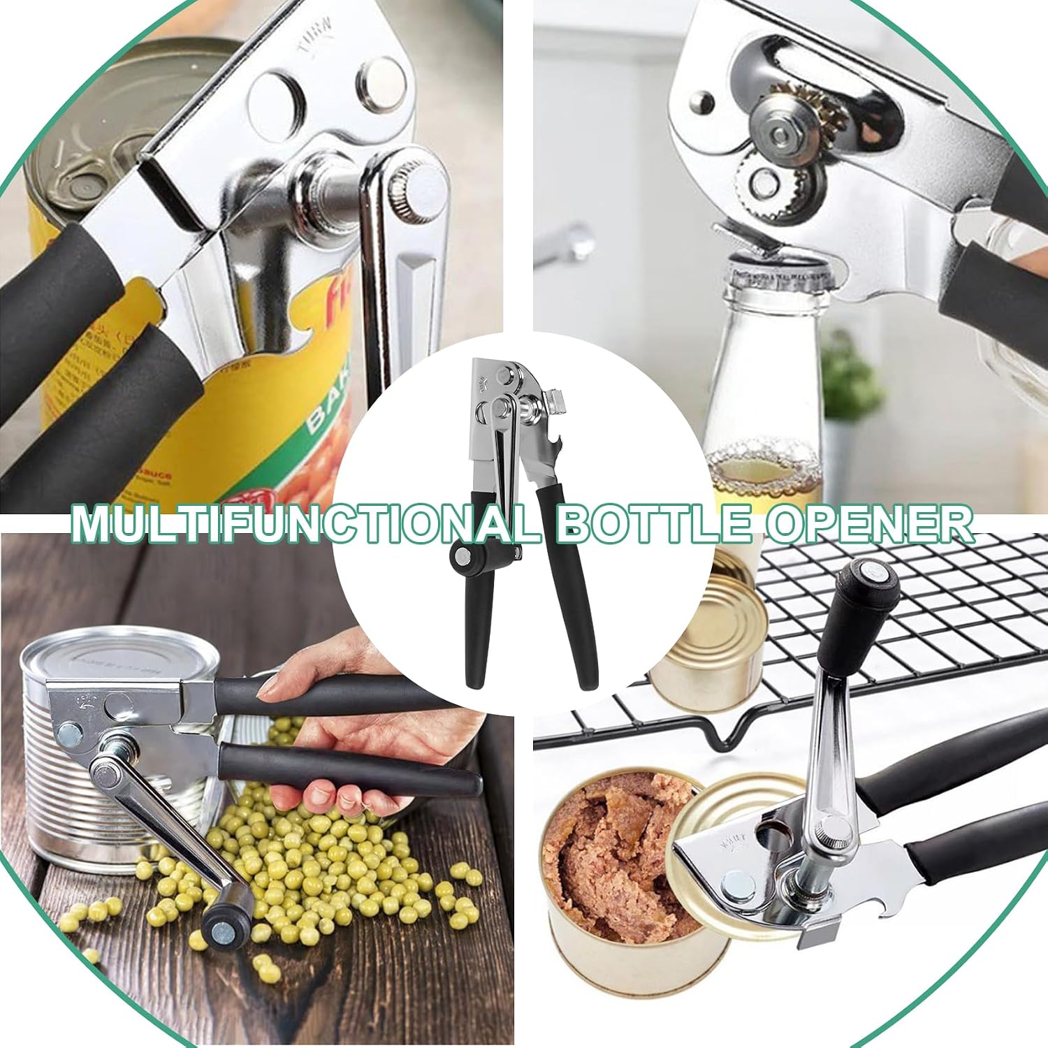 Manual Can Opener with Folding Crank Handle, Commercial Heavy Duty Hand Held Can Openers with Magnet, for Seniors with Comfortable Long Rubber Handle