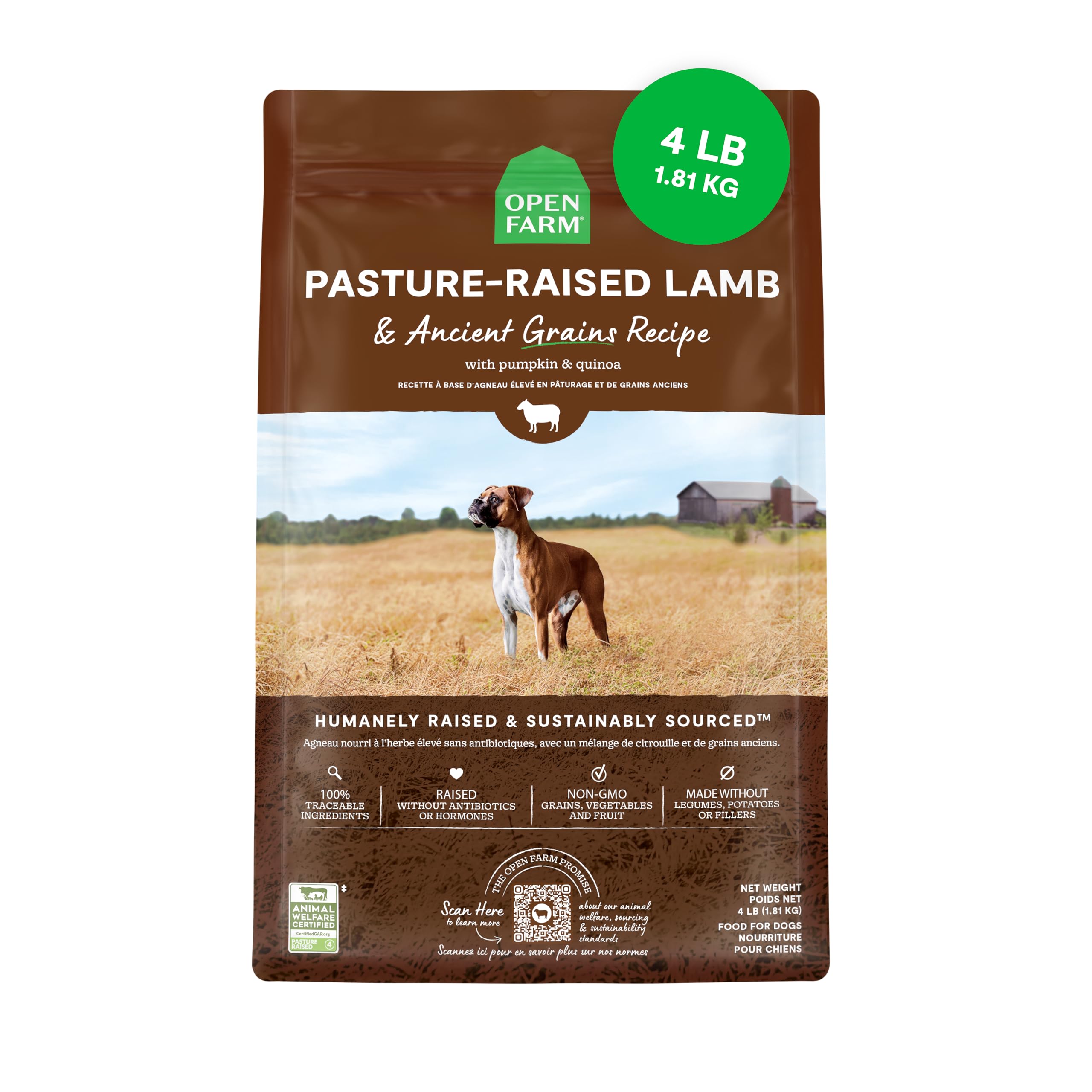 Ancient Grains Dry Dog Food, Protein-Rich & Nutrient Dense, 90% Animal Protein Mixed with Non-GMO Fruits, Veggies and Superfoods, Pasture Raised Lamb Recipe, 4lb Bag