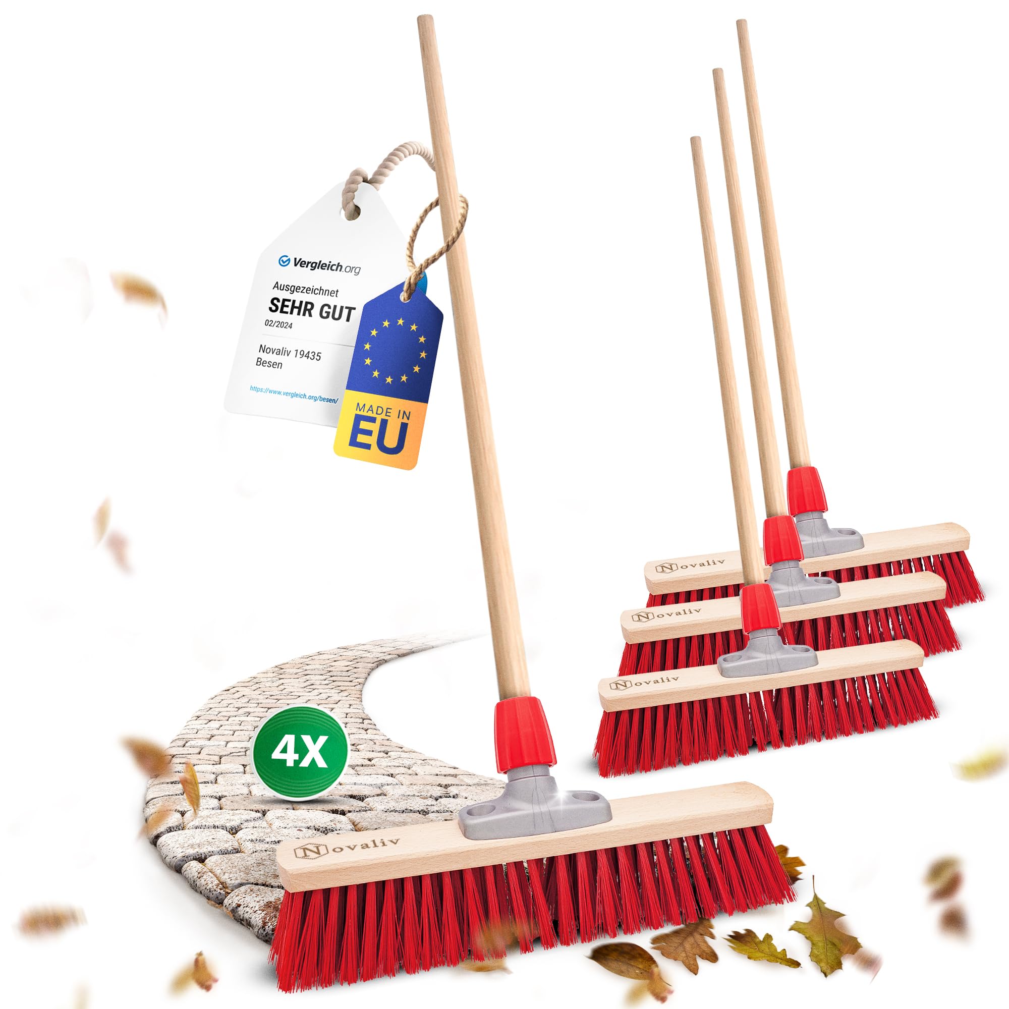 Novaliv 4X Straßenbesen 40 cm mit Holzstiel I Elaston rot I Besen für draußen I Industriebesen Gartenbesen mit Stiel Schneebesen Allzweckbesen Stallbesen Winterbesen