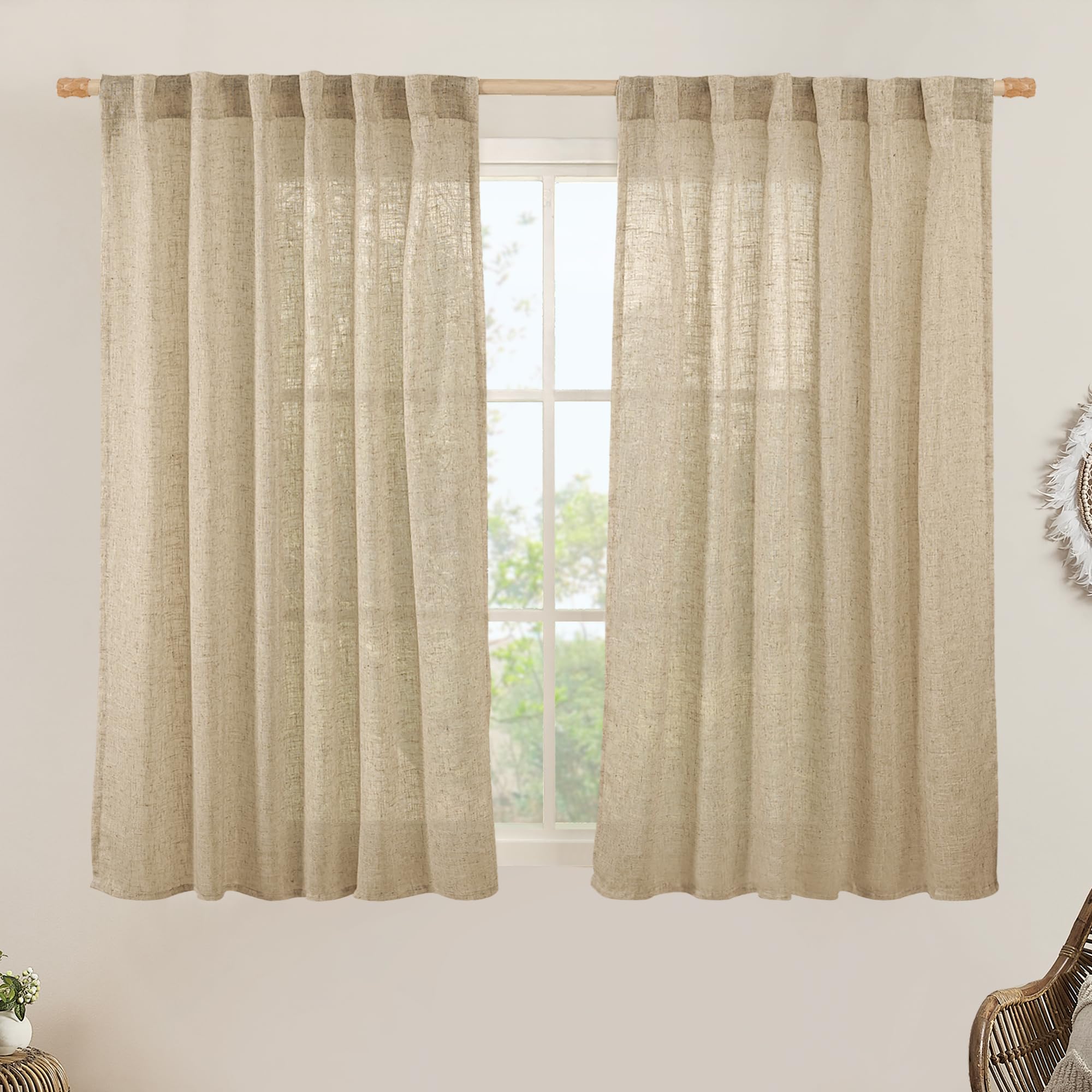 LAMIT Semi Sheer Linen Curtains 54 Inch Length 2 Panels, Brown Light Filtering Panels Back Tab and Rod Pocket Neutral Drapes for Kitchen/Window/Bedroom, 52 x 54 Inch โ image 1
