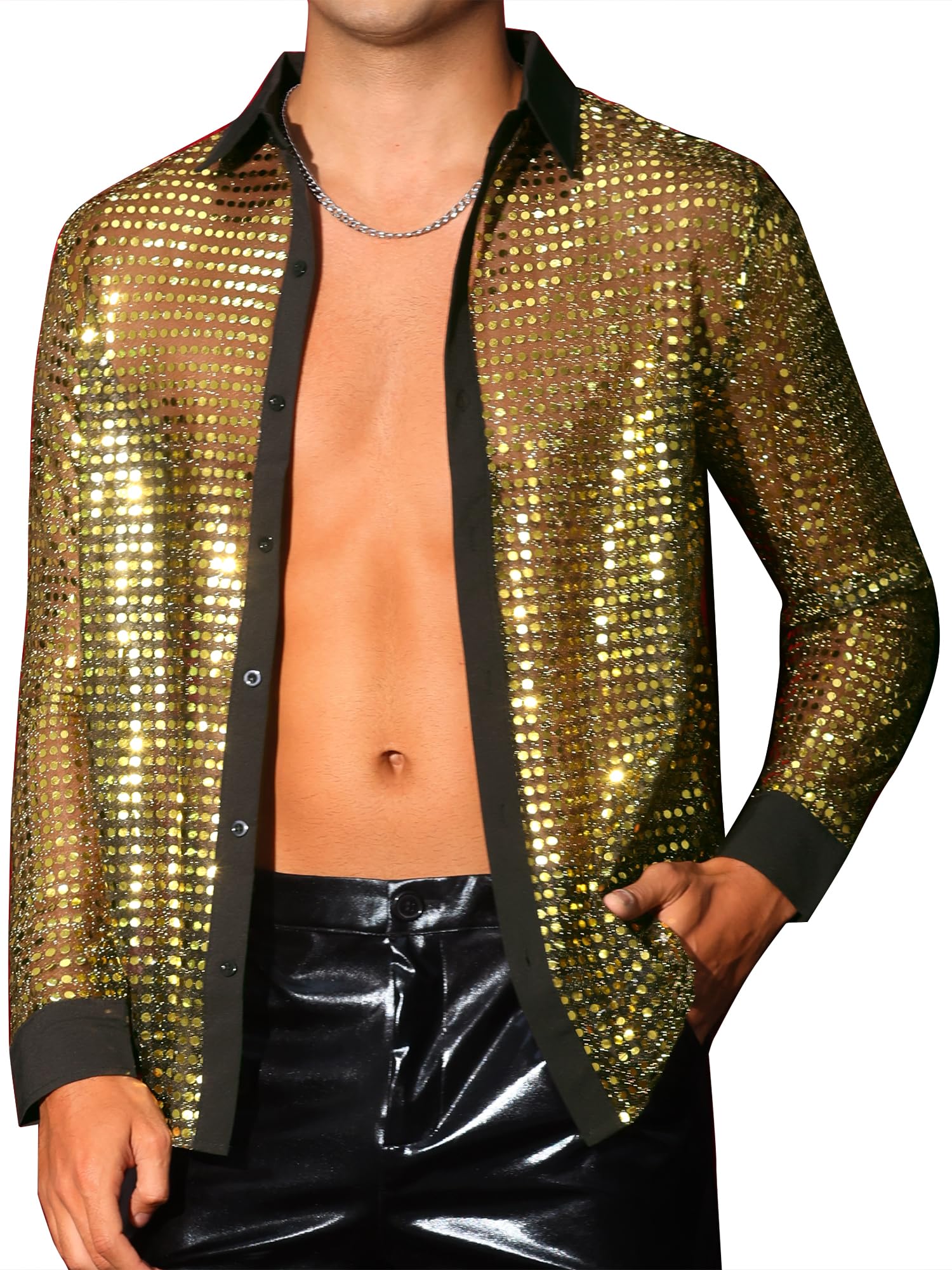 Lars Amadeus Halloween Sequin Shirts for Men's 70s Disco Mesh Metallic Sheer Party Shirts