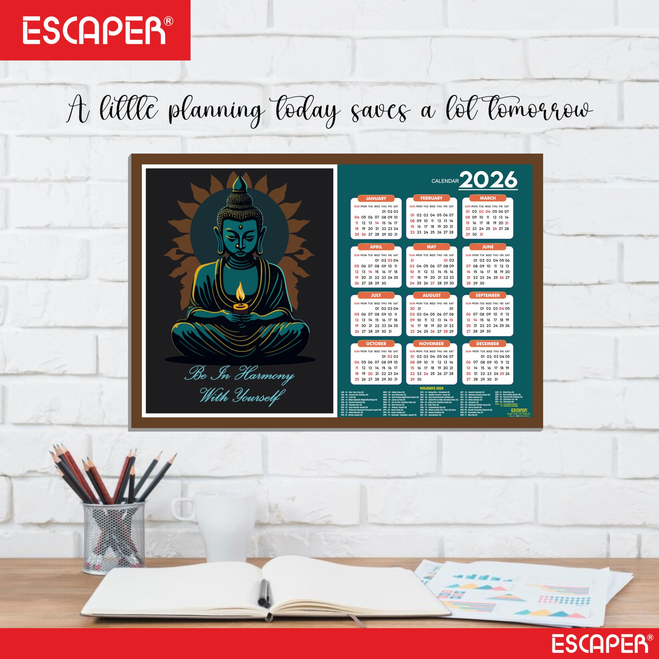 ESCAPER Buddha Yoga Wandkalender 2026 - 30,5 x 45,7 cm, Meditations- & Yoga-Wandkalender, Yogasana- & Asana-Diagramme, Yoga-Posen, Chakra-Inspiration