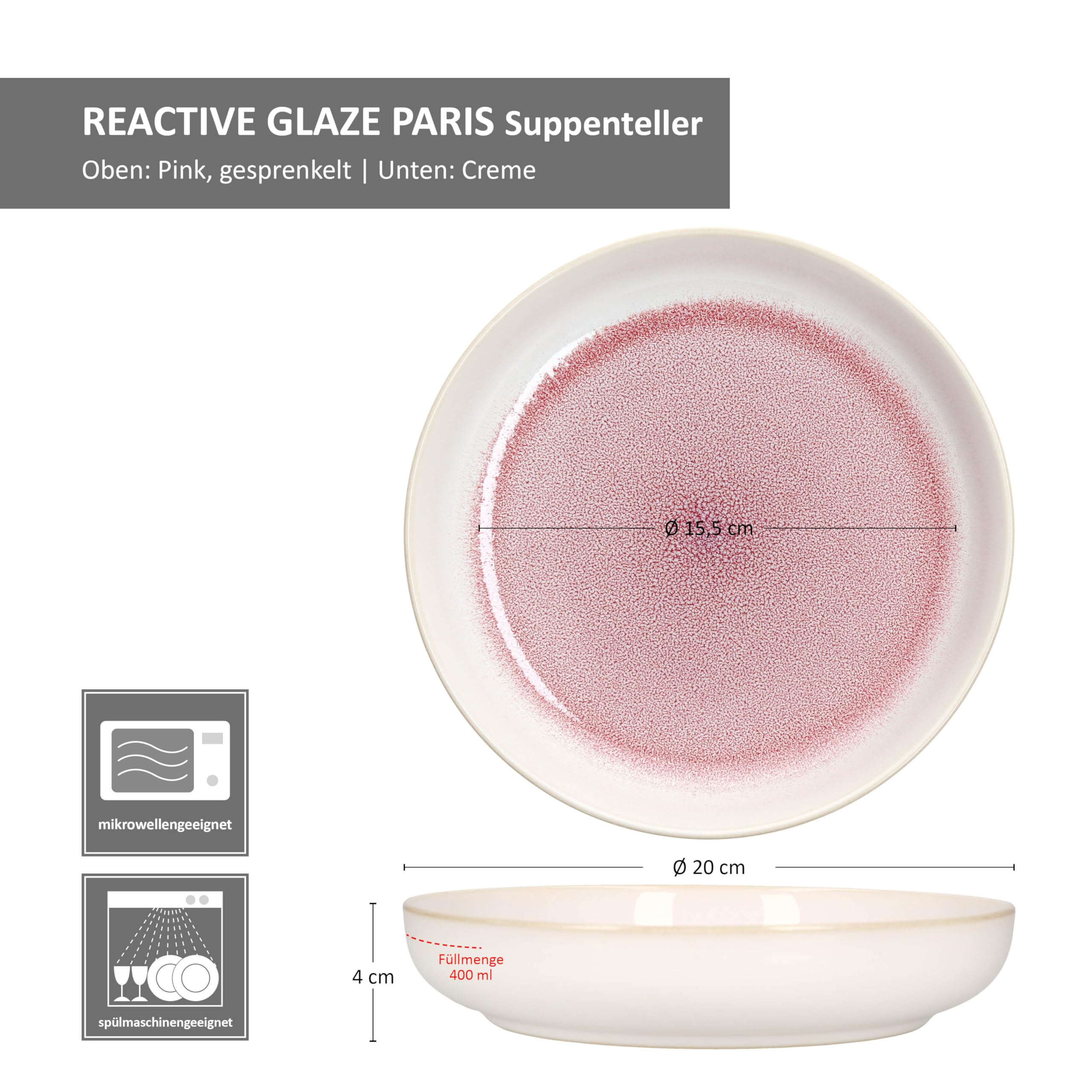 MamboCat Reactive Glaze Paris - Set di 6 piatti fondi, 400 ml, crema e rosa, piatti in gres porcellanato per 6 persone, piatti profondi per insalata, pasta, cereali e così via.