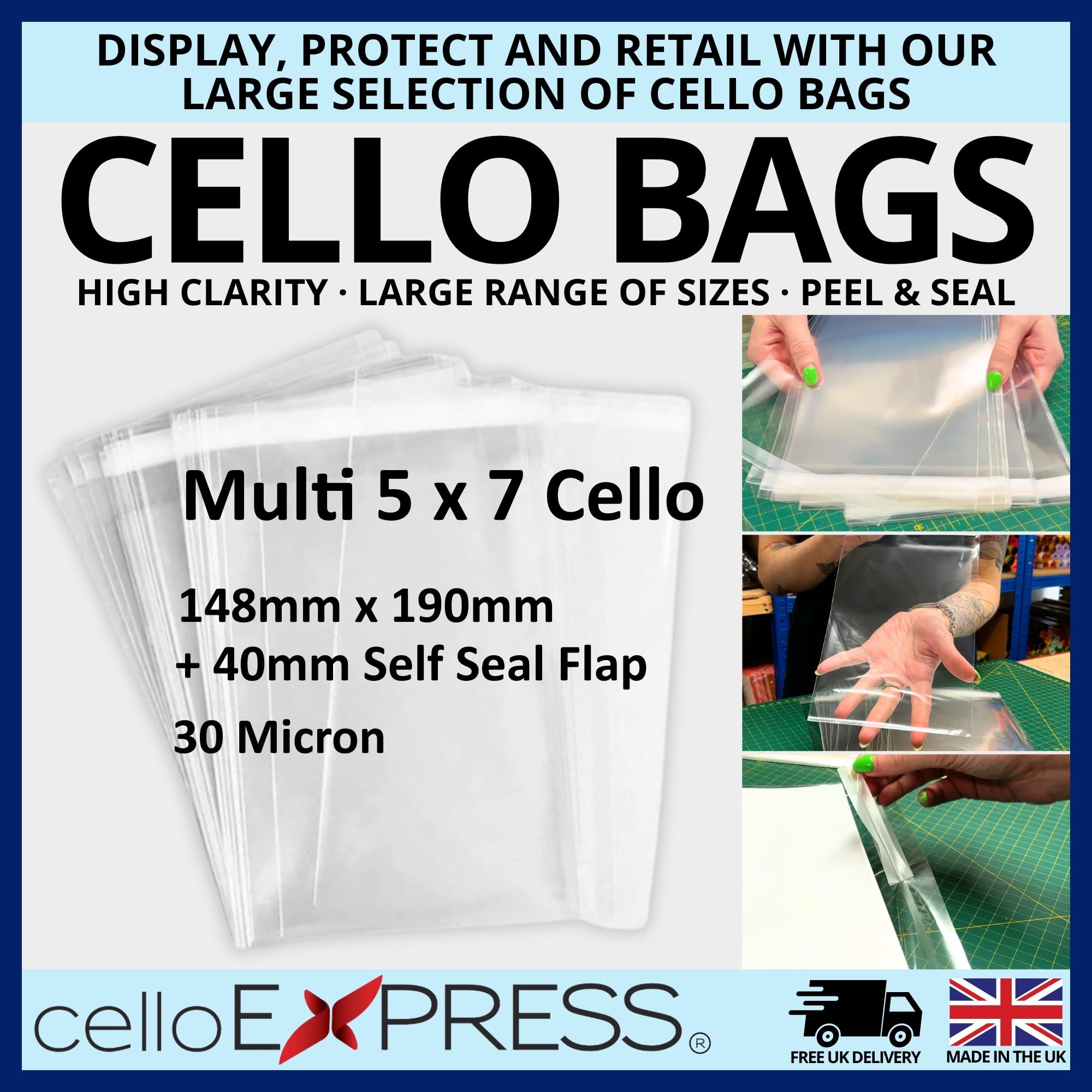 Lot de 250 – Multi Cartes 5 x 7–30 microns pour violoncelle en cellophane pour jusqu'à 10 cartes et enveloppes (5 x 7) – 148 mm x 190 mm + rabat autoadhésif 30 mm