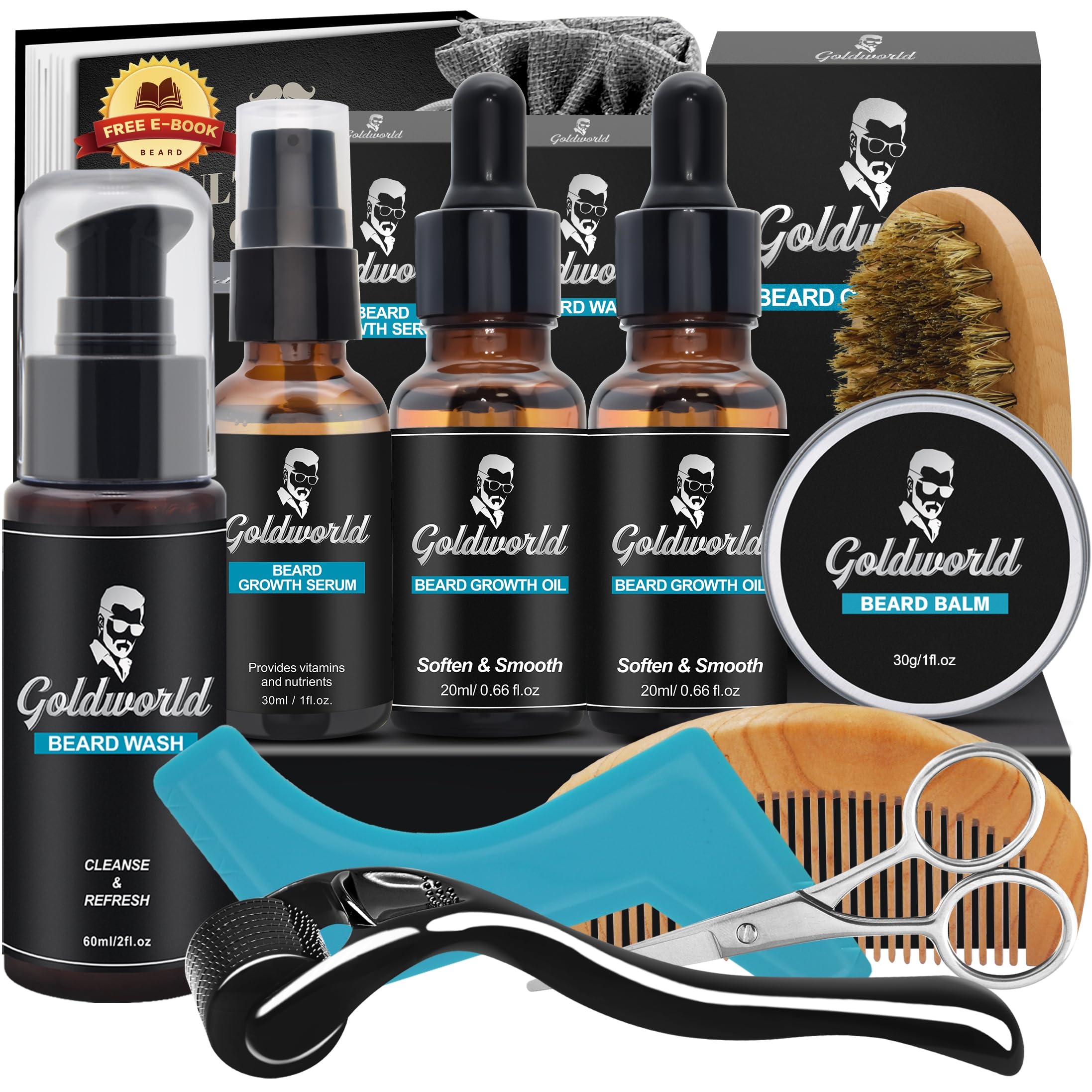 Kit de cuidado de barba para hombres con aceite,cepillo, peine,champú,bálsamo para barba,corte de hu zi,bolsa de almacenamiento esencia de barba - Regalo original para hombres,Navidad y Día del Padre