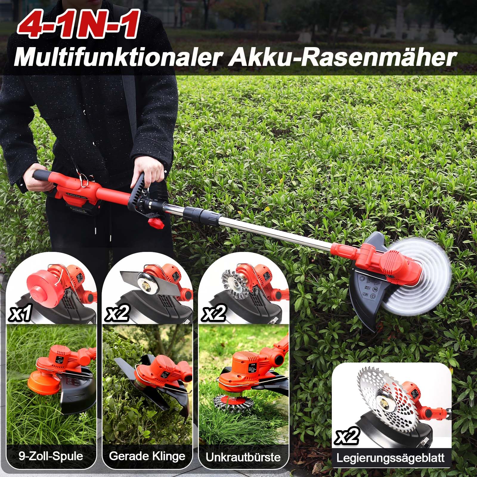 Rasentrimmer mit Akku und Unkrautbürste, 21V-4,0Ah Akku Rasentrimmer für Makita Akkus, 4 in 1 Freischneider akku, 750W Bürstenloser Motor, 1-45CM Teleskopstiel, für Garden Trimmen (rosa)