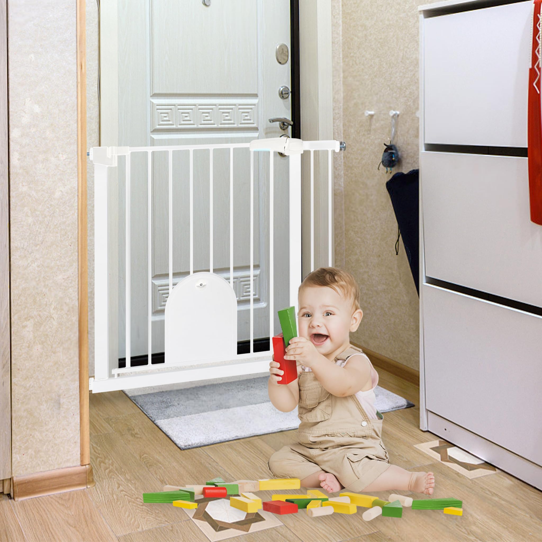 FIVMEN Barrera de Seguridad para Puerta y Escalera Puerta de Seguridad para Bebés Sin Perforaciones Cierre Automático Valla Seguridad Infantil con Puerta para Perros y Gatos, 85-95 cm Blanco